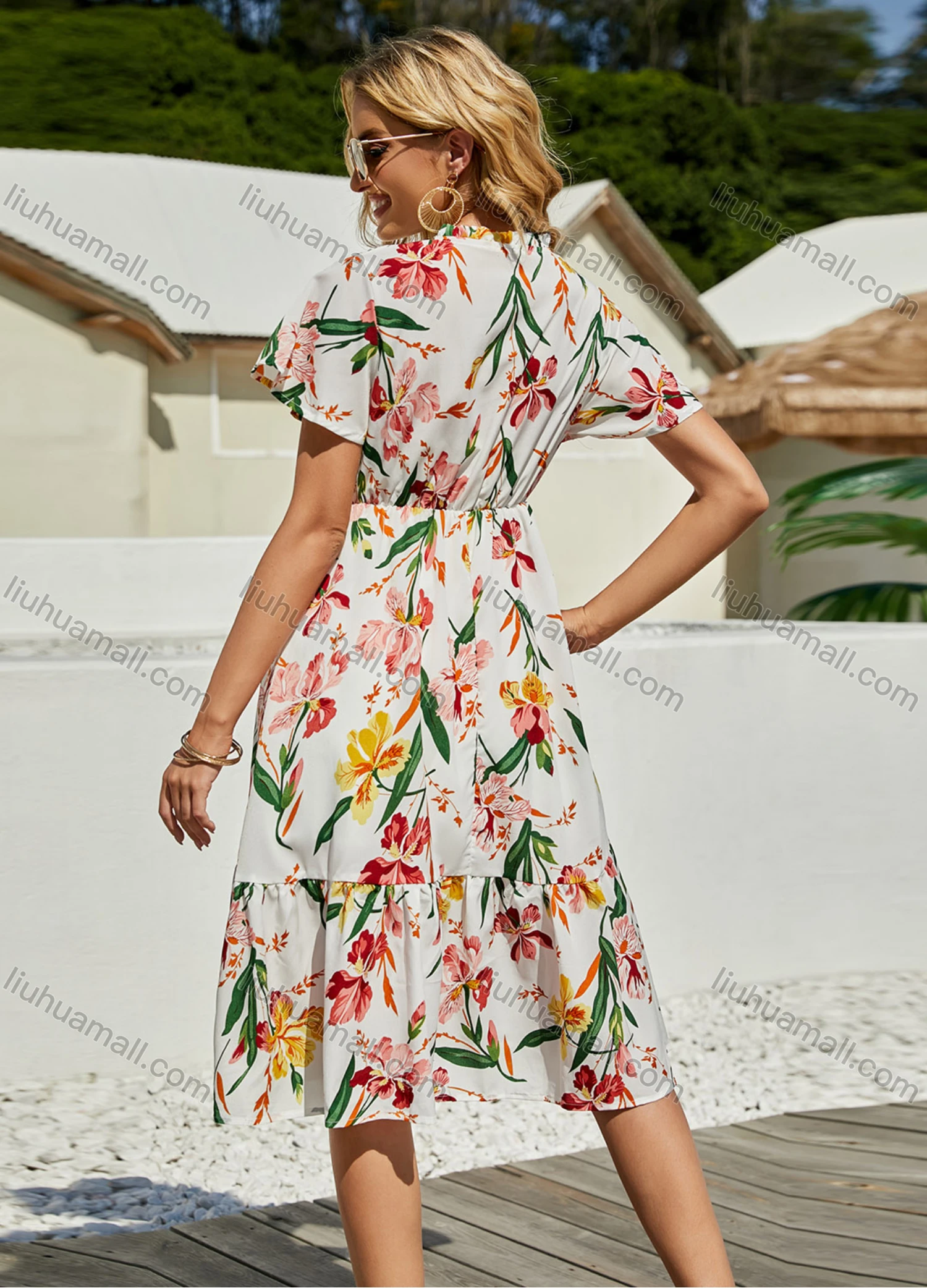 Wholesale Women's Casual V Neck Empire Waist Floral Ruffle Hem Knee Length Dress 3106X# - Liuhuamall