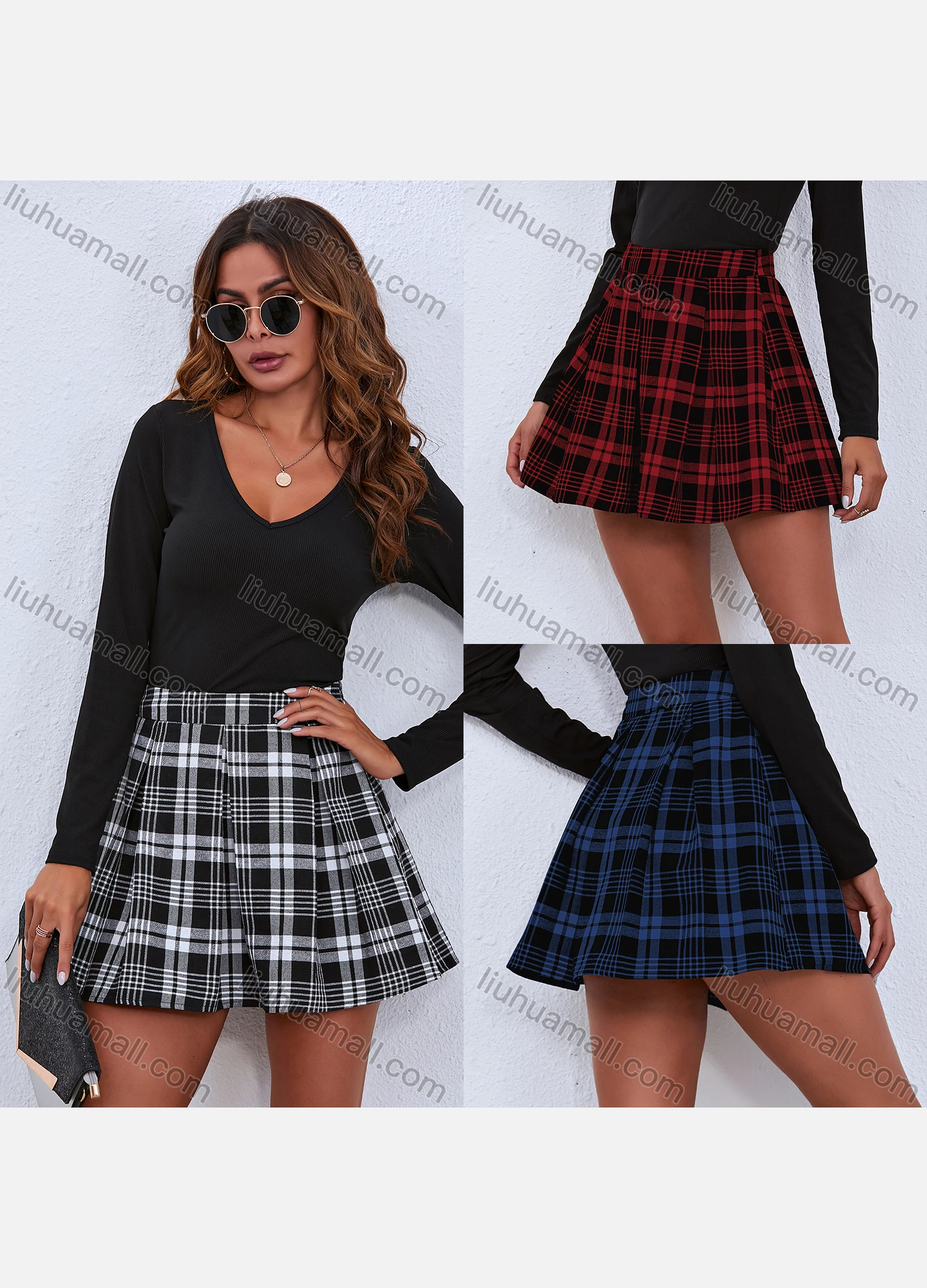 Wholesale Women's High Waist Elastic Plaid Print Pleated Mini Skirt K20048# - Liuhuamall
