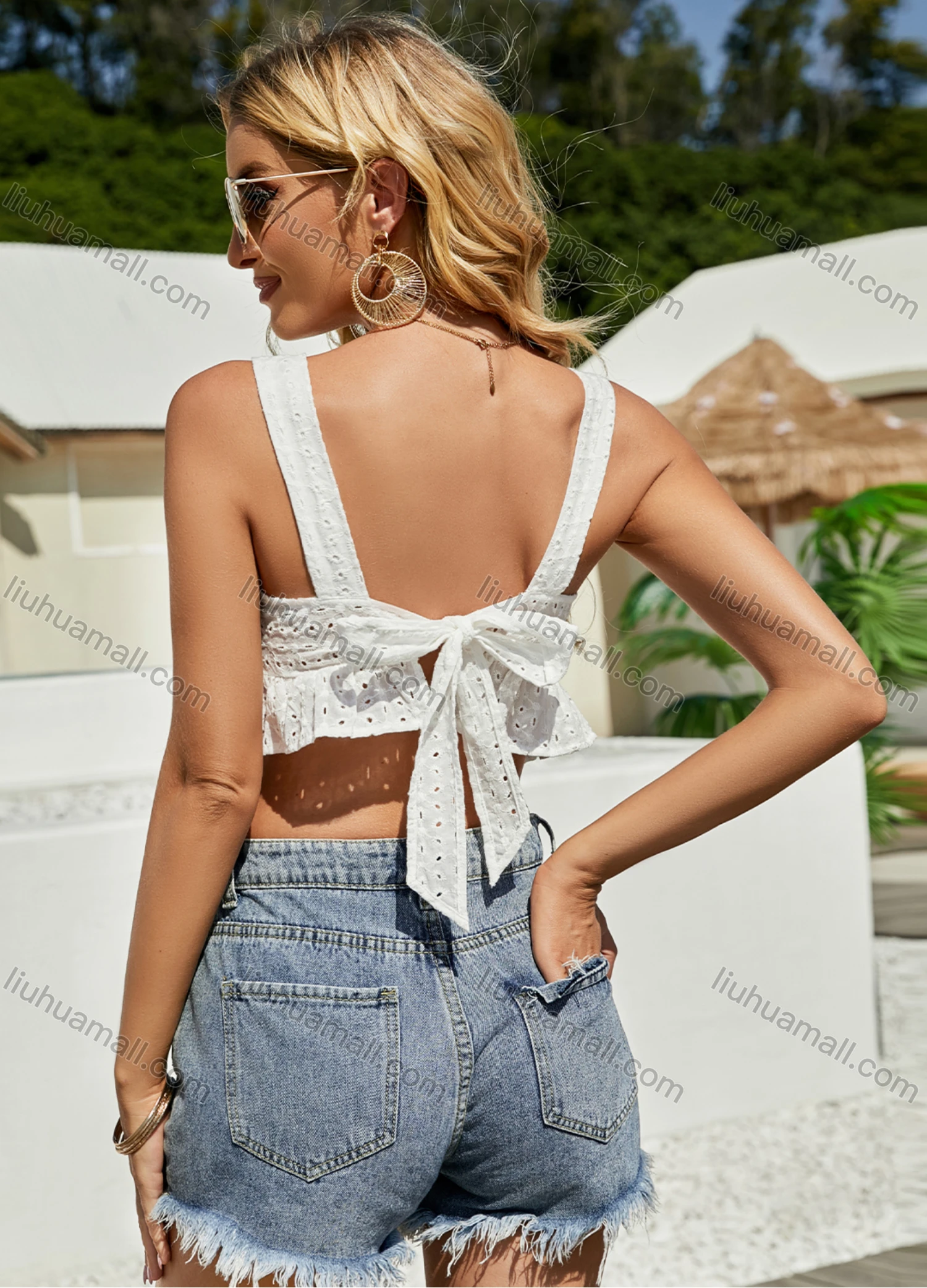 Wholesale Women's V Neck Ruffle Hem Tie Back Sleeveless Crop Top A20349G# - Liuhuamall