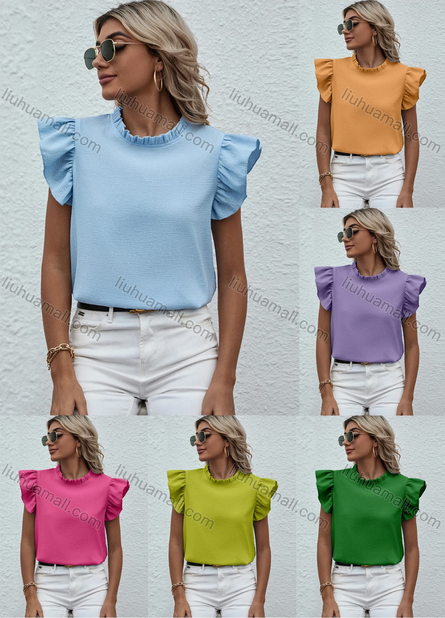 Wholesale Women's Casual Butterfly Sleeve Ruffle Neck Keyhole Plain Top LQ-F2675X# - Liuhuamall