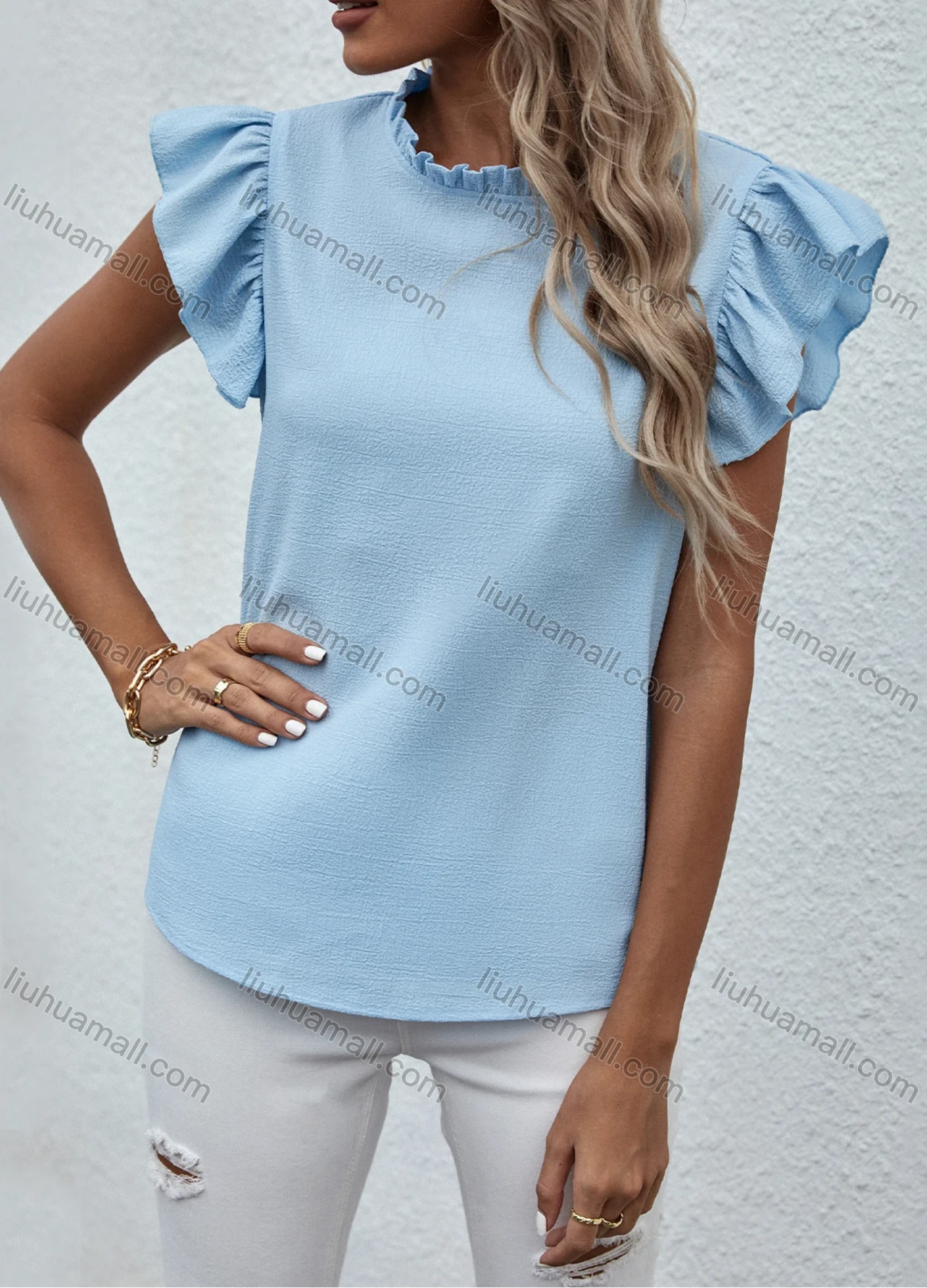 Wholesale Women's Casual Butterfly Sleeve Ruffle Neck Keyhole Plain Top LQ-F2675X# - Liuhuamall