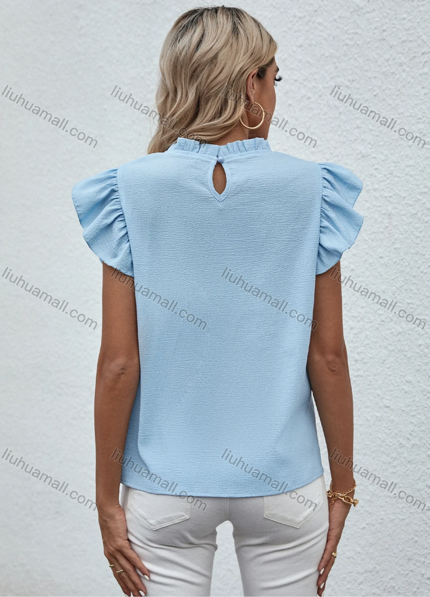 Wholesale Women's Casual Butterfly Sleeve Ruffle Neck Keyhole Plain Top LQ-F2675X# - Liuhuamall