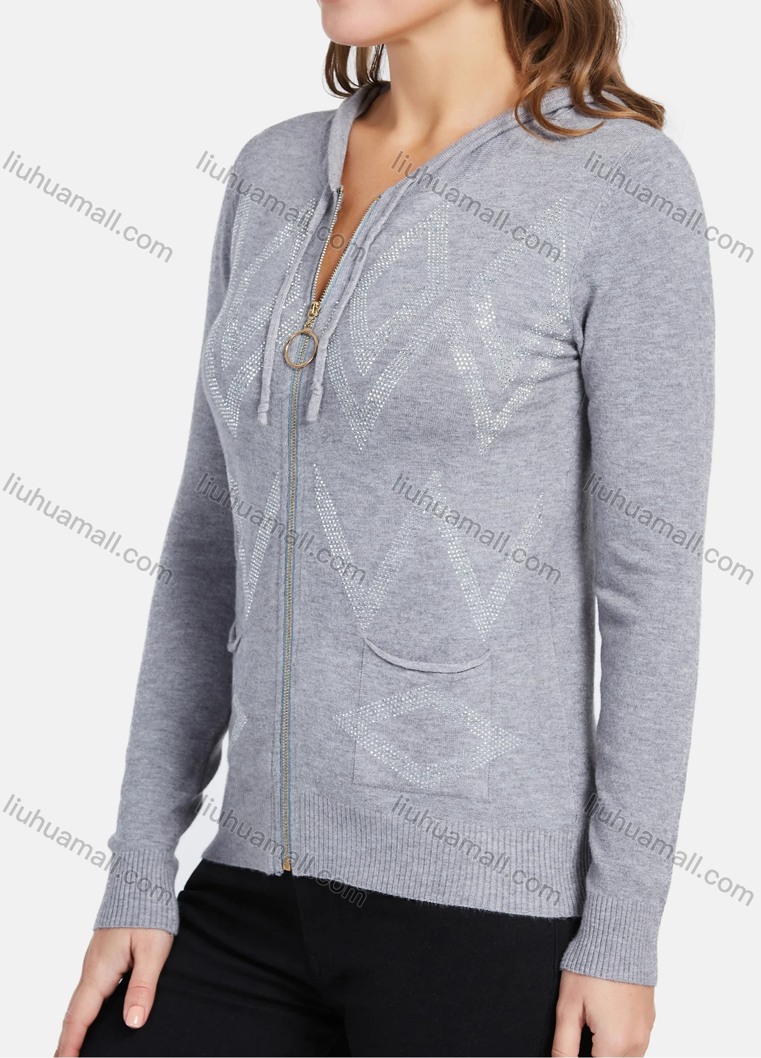 Wholesale Women's Casual Chevron Rhinestone Zipper Hooded Knit Jacket With Patch Pocket - Liuhuamall