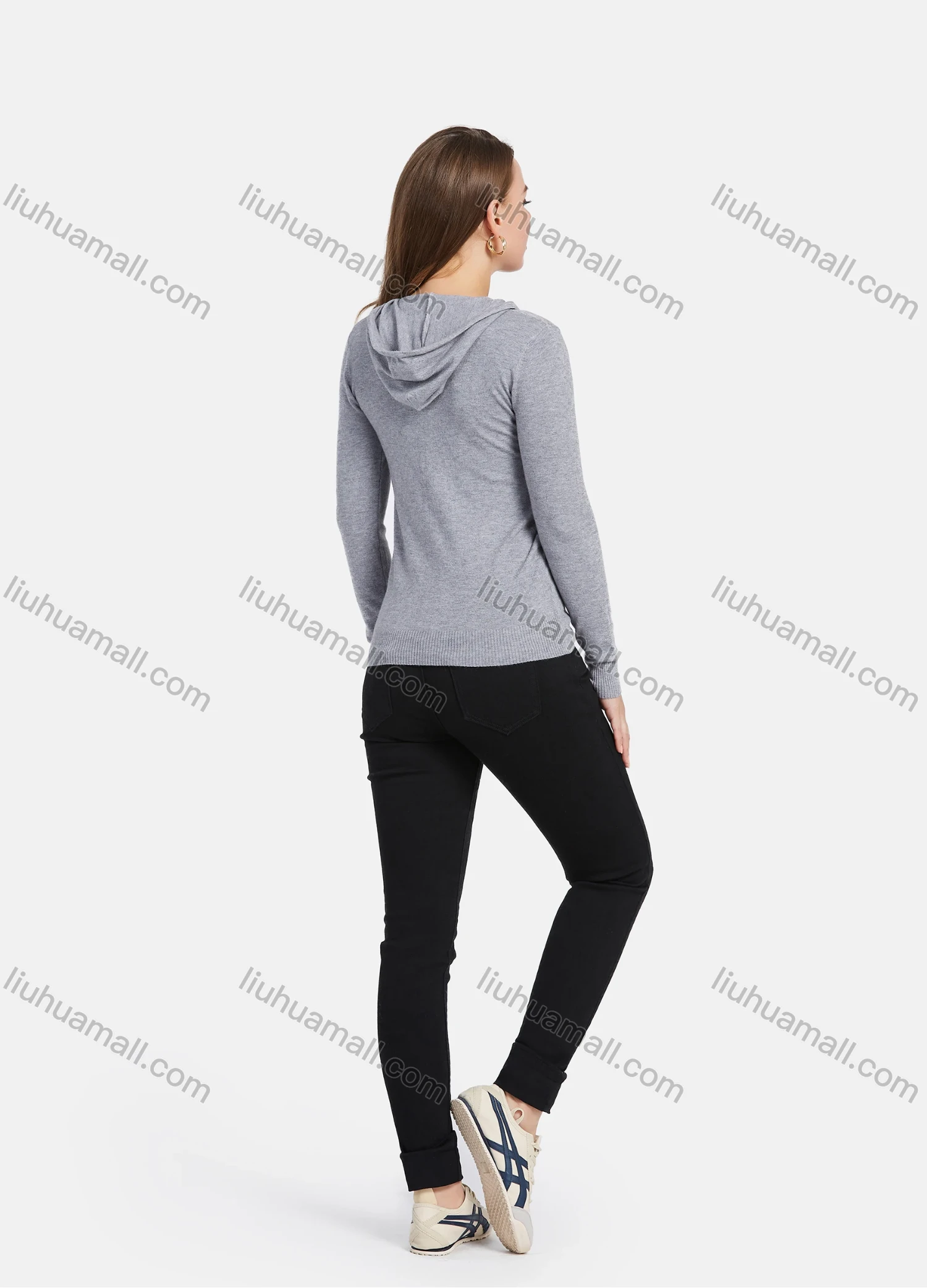 Wholesale Women's Casual Chevron Rhinestone Zipper Hooded Knit Jacket With Patch Pocket - Liuhuamall