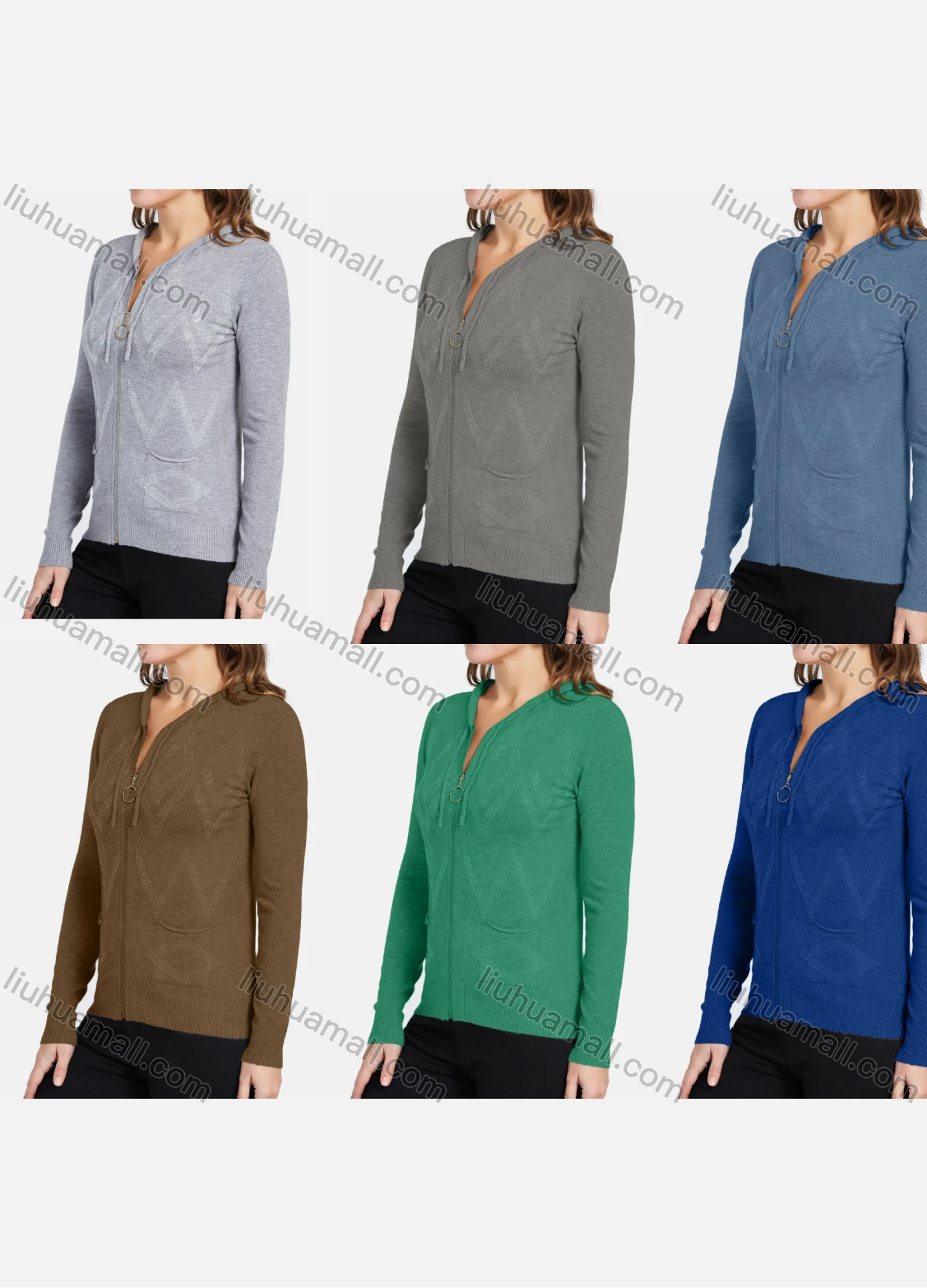 Wholesale Women's Casual Chevron Rhinestone Zipper Hooded Knit Jacket With Patch Pocket - Liuhuamall