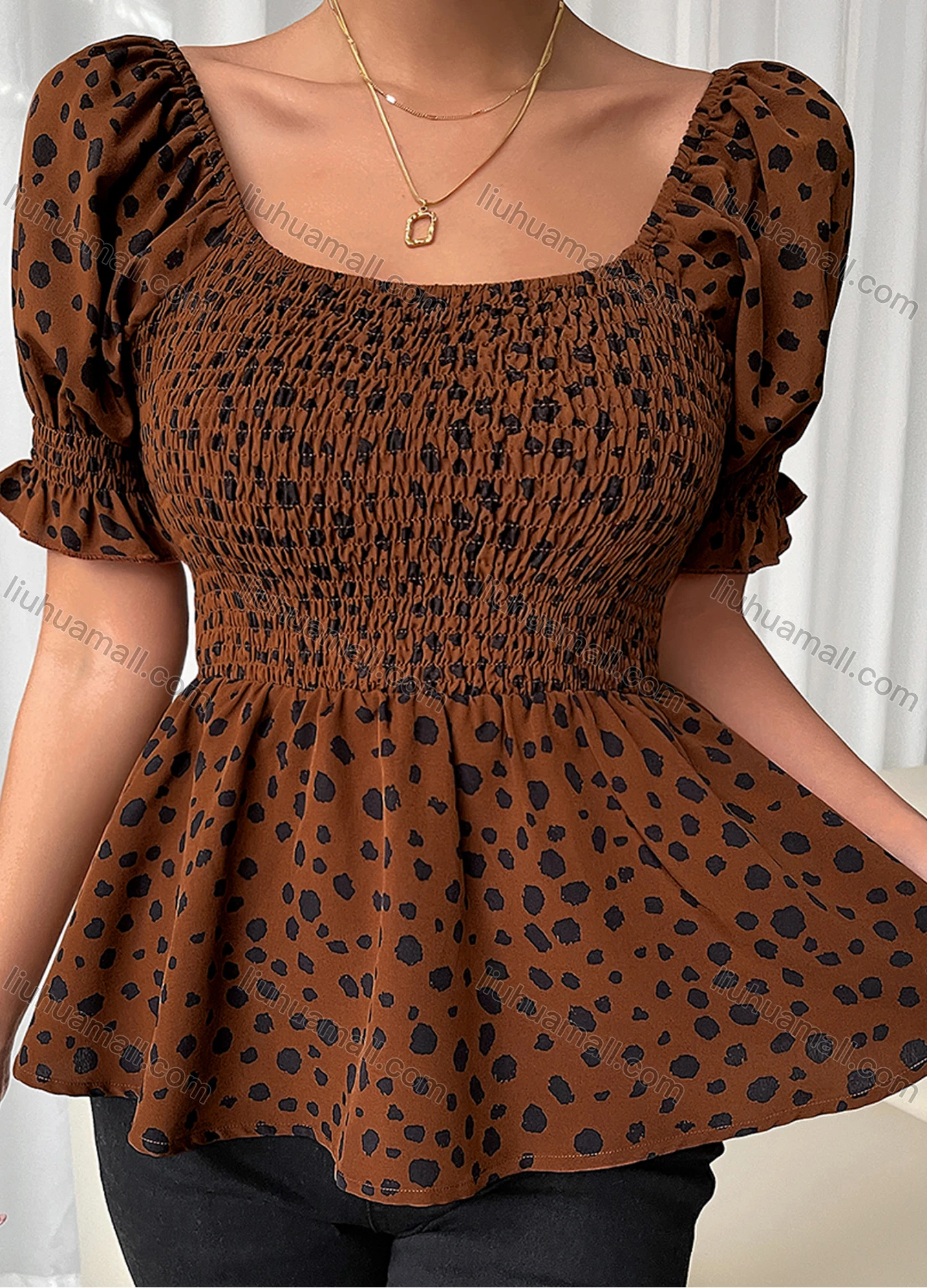 Wholesale Women's Ruffle Hem Empire Waist Puff Sleeve Leopard Shirred Top LQ-B1007X# - Liuhuamall