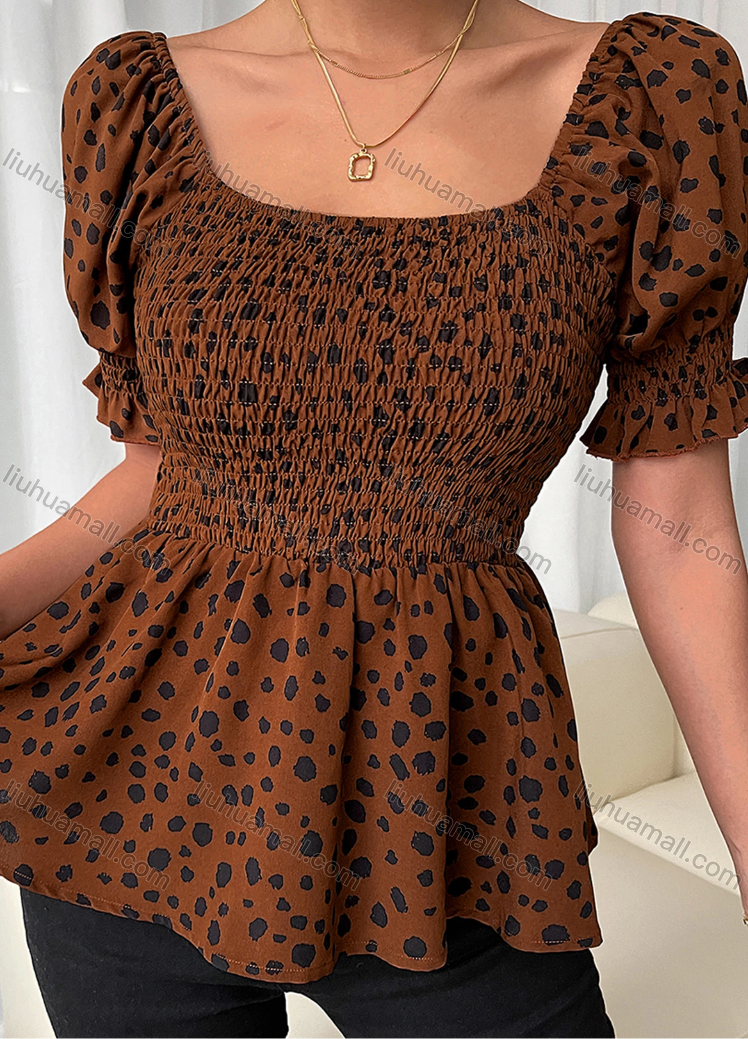 Wholesale Women's Ruffle Hem Empire Waist Puff Sleeve Leopard Shirred Top LQ-B1007X# - Liuhuamall