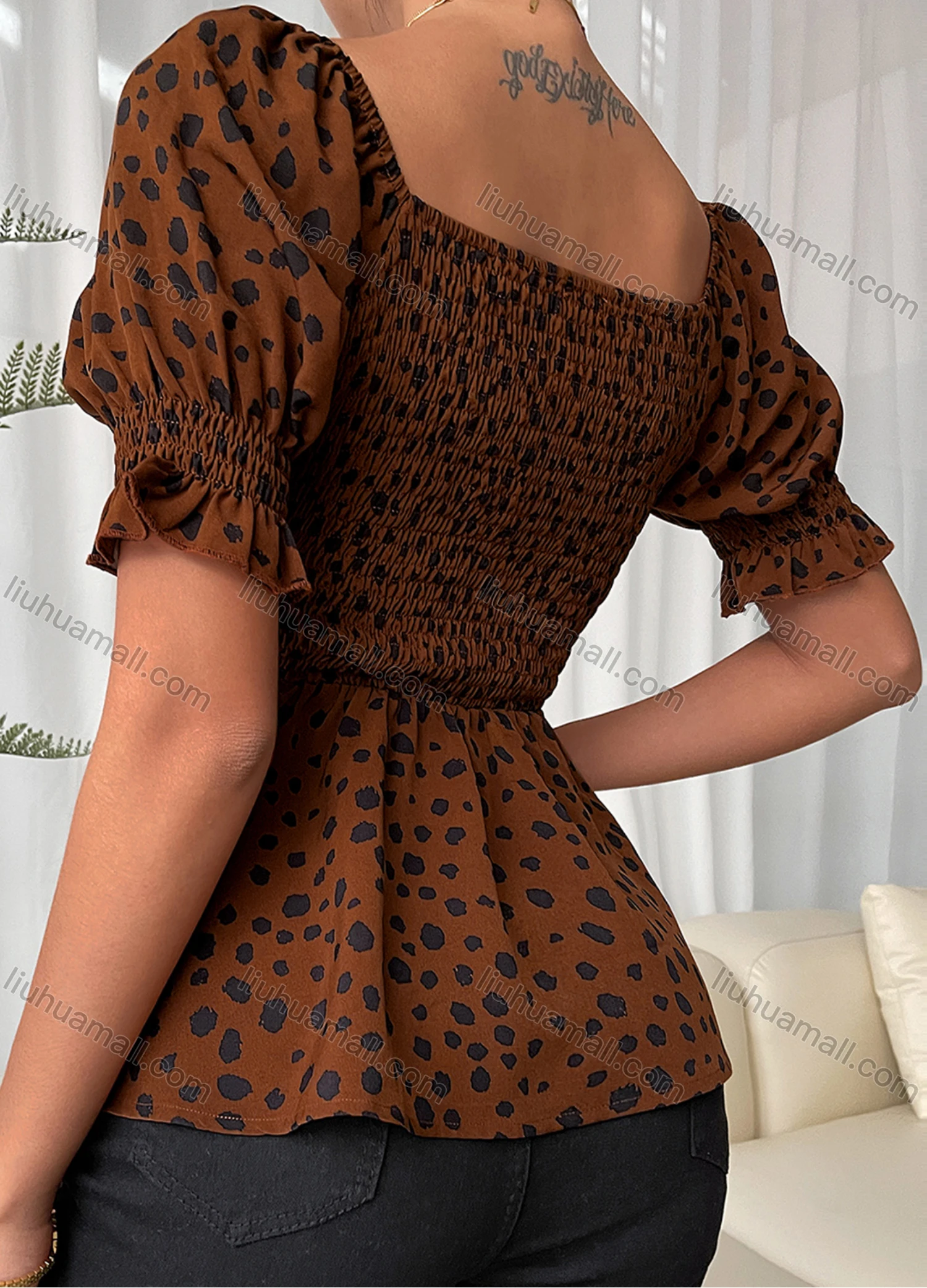 Wholesale Women's Ruffle Hem Empire Waist Puff Sleeve Leopard Shirred Top LQ-B1007X# - Liuhuamall