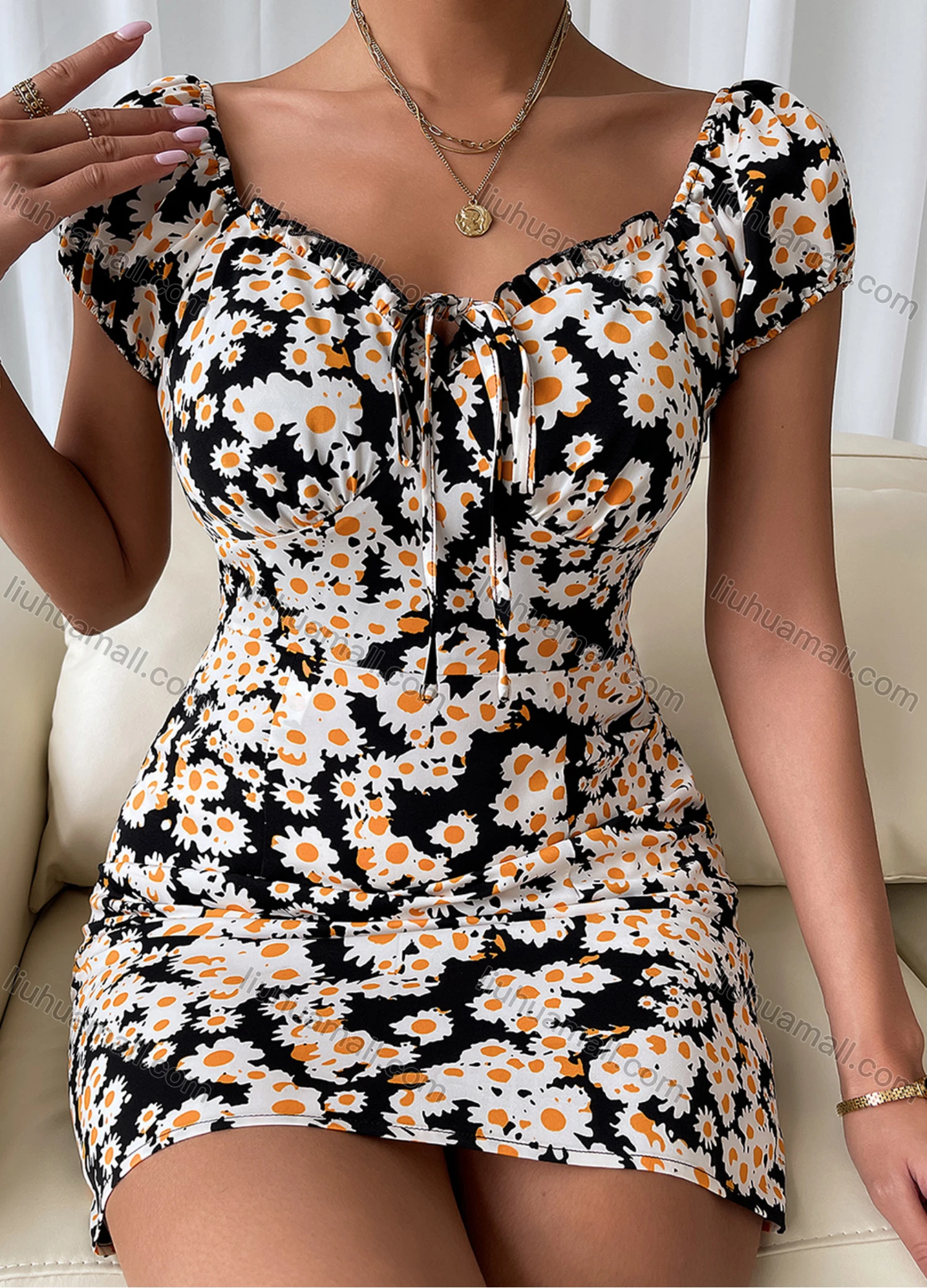 Wholesale Women's Sunflower Print Sweetheart Neck Puff Sleeve High Waist Mini Dress LQ-B1039Y# - Liuhuamall