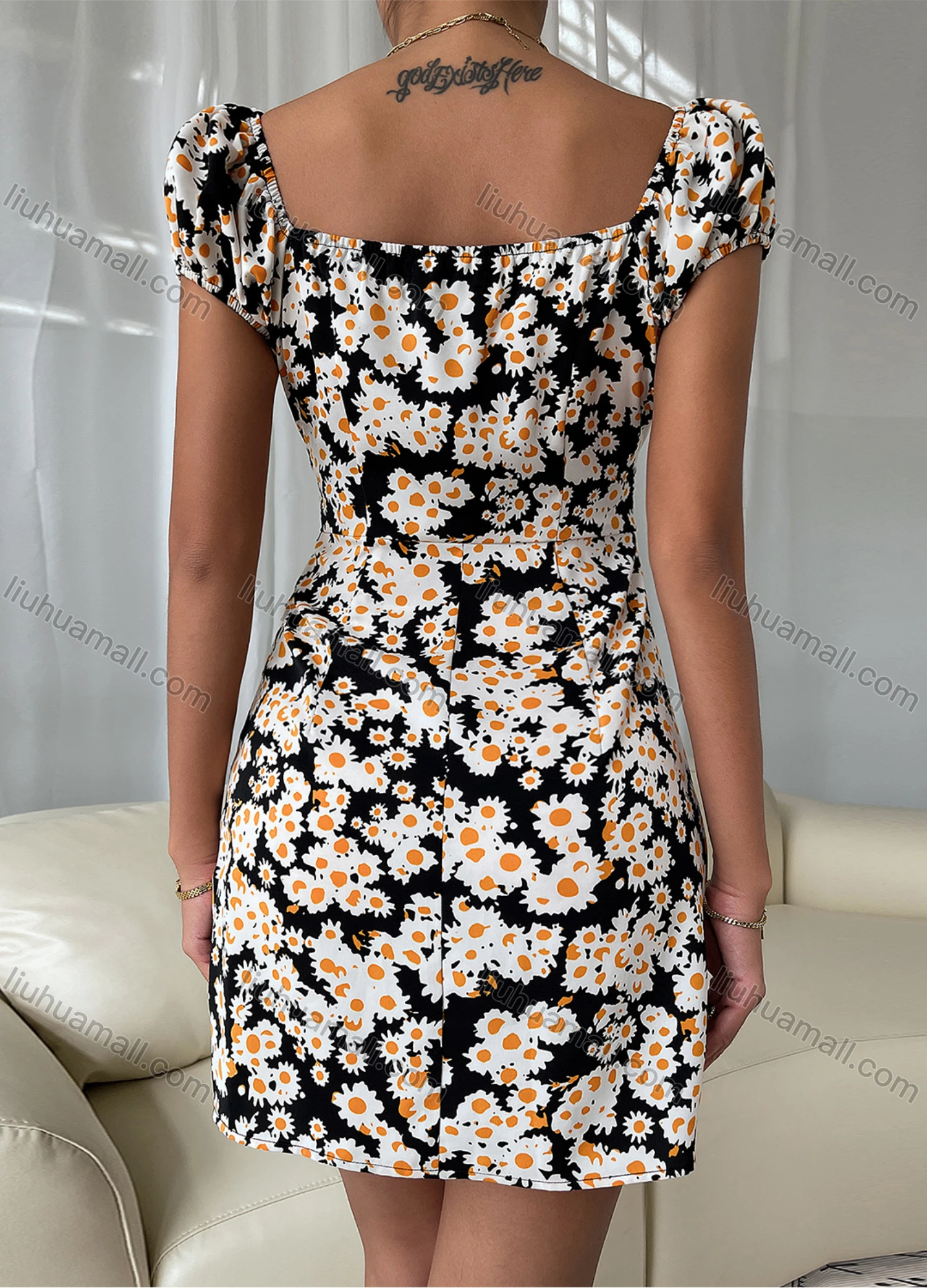 Wholesale Women's Sunflower Print Sweetheart Neck Puff Sleeve High Waist Mini Dress LQ-B1039Y# - Liuhuamall