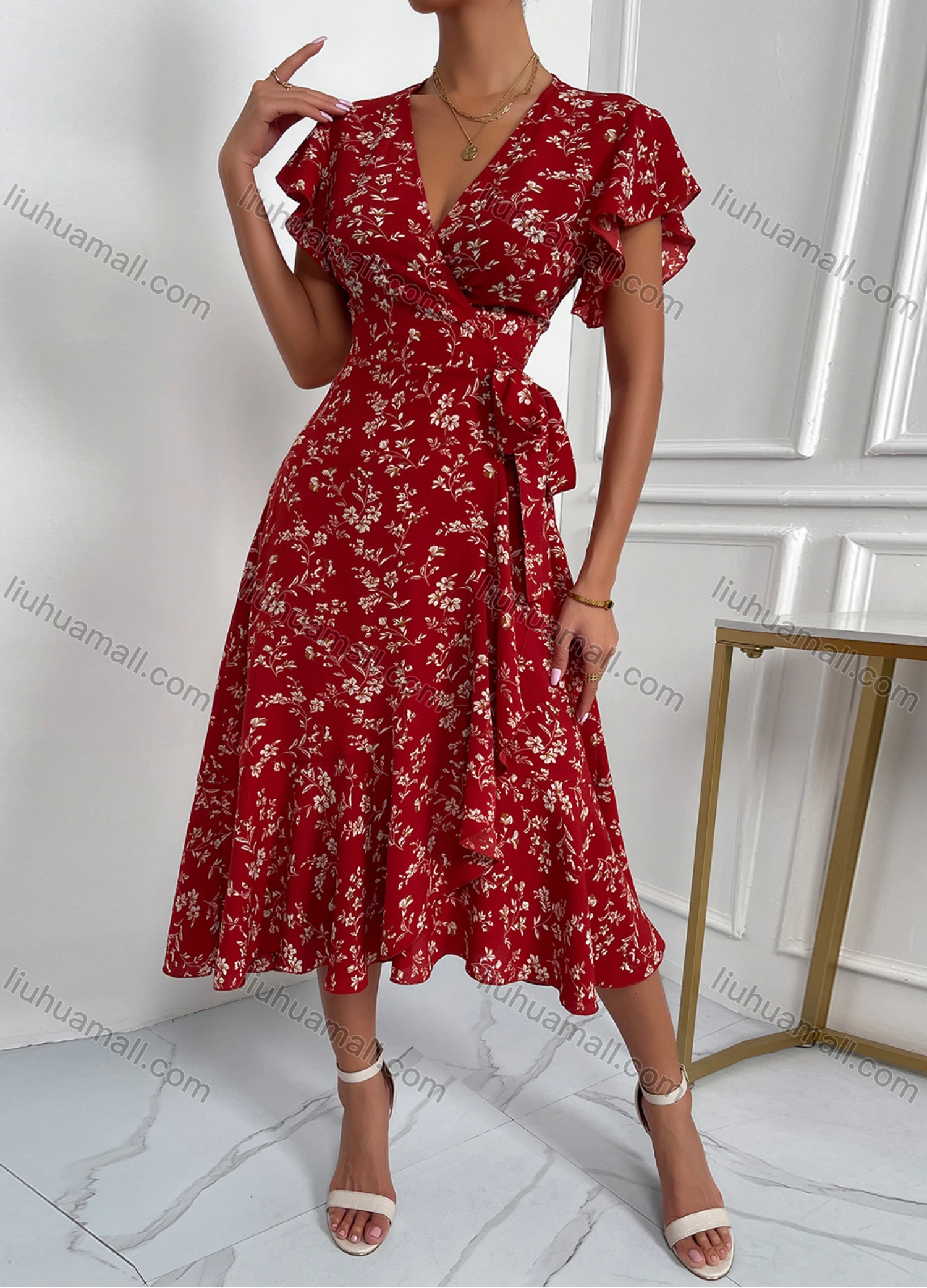 Wholesale Women's Floral Print Wrap Deep V Neck Empire Waist Flounce Sleeve Midii Dress LQ-F2031X# - Liuhuamall