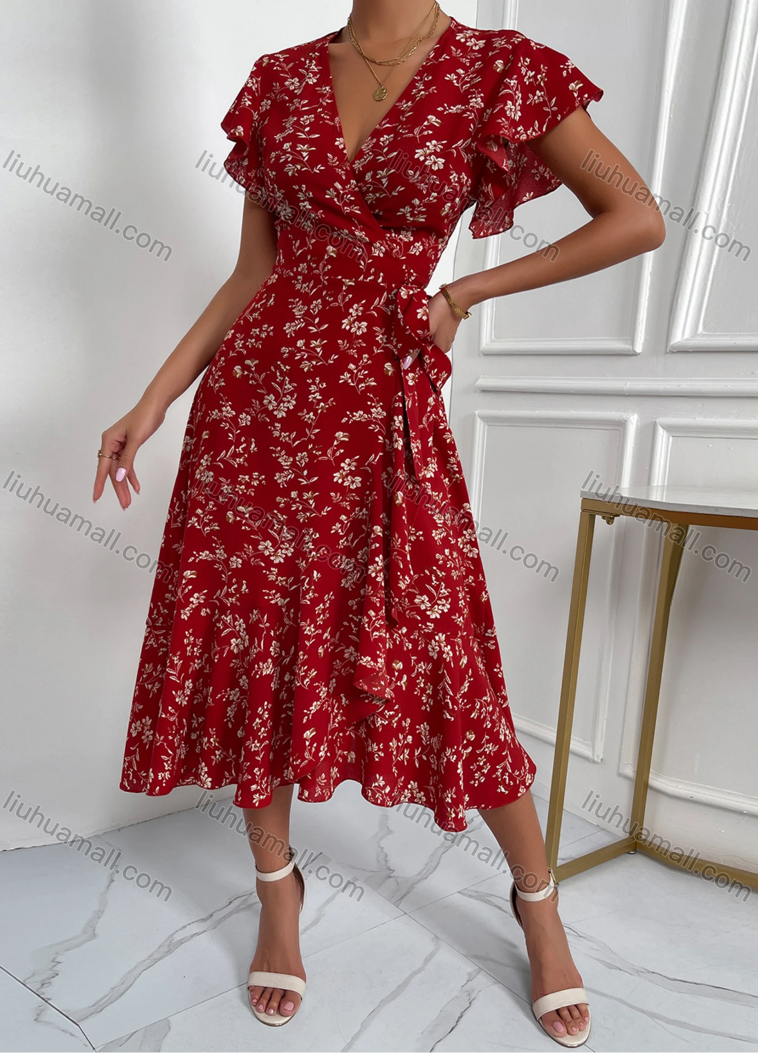 Wholesale Women's Floral Print Wrap Deep V Neck Empire Waist Flounce Sleeve Midii Dress LQ-F2031X# - Liuhuamall