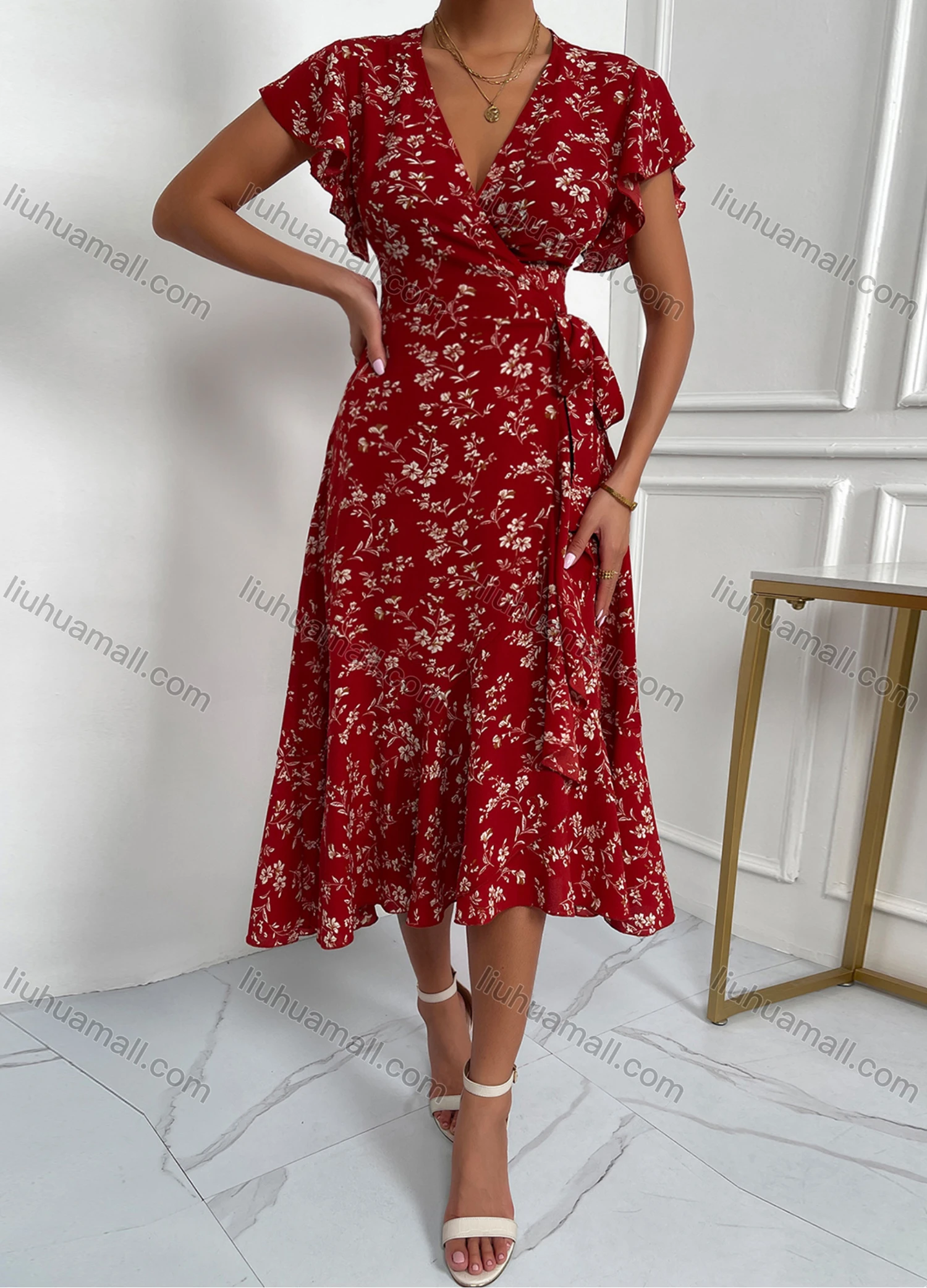 Wholesale Women's Floral Print Wrap Deep V Neck Empire Waist Flounce Sleeve Midii Dress LQ-F2031X# - Liuhuamall