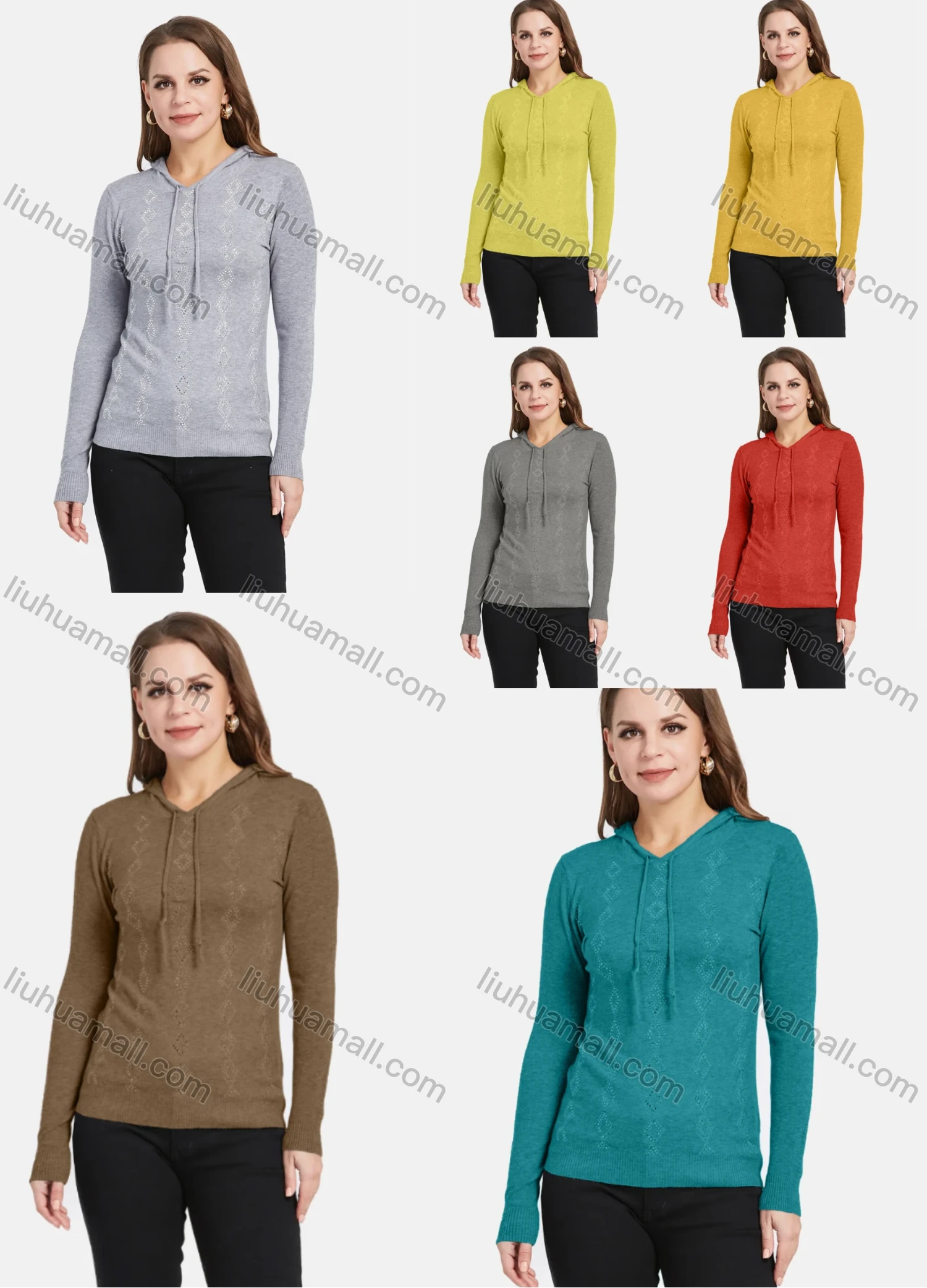 Wholesale Women's Casual Argyle Rhinestone Drawstring Knit Pullover Hoodie - Liuhuamall