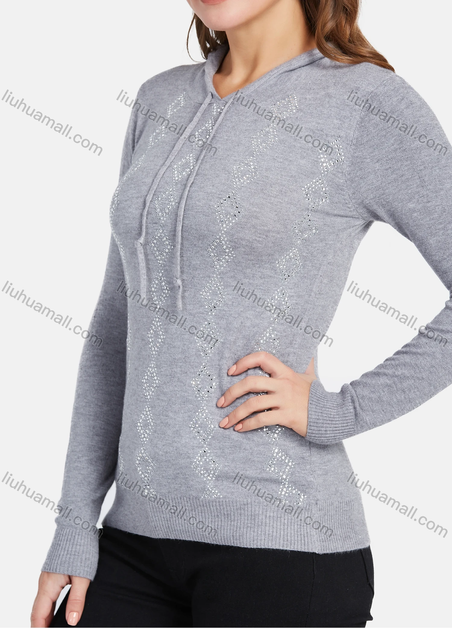 Wholesale Women's Casual Argyle Rhinestone Drawstring Knit Pullover Hoodie - Liuhuamall