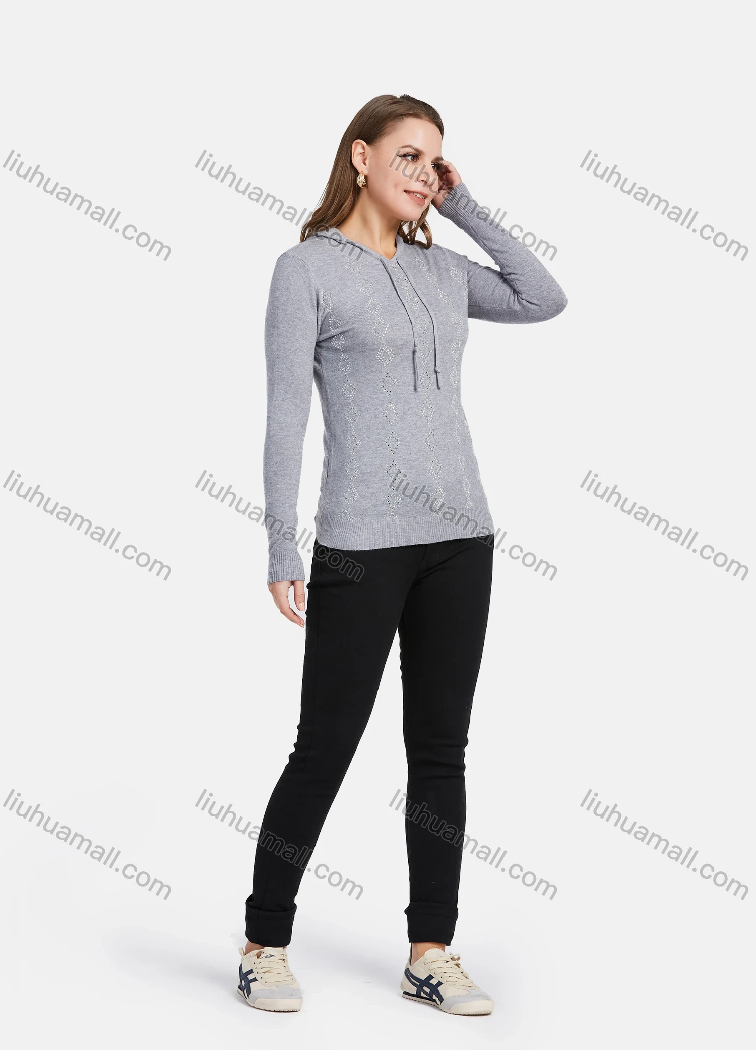 Wholesale Women's Casual Argyle Rhinestone Drawstring Knit Pullover Hoodie - Liuhuamall