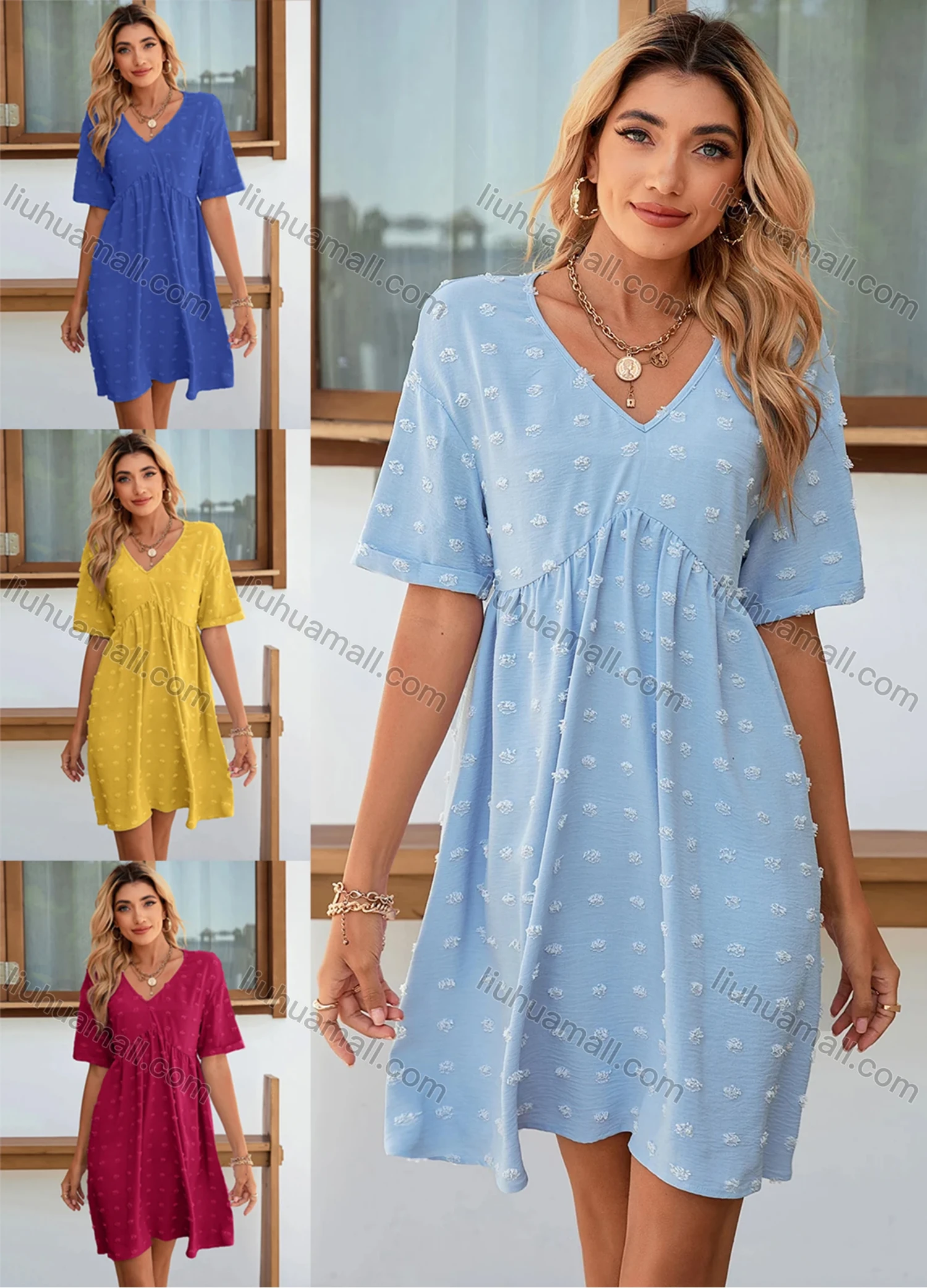 Wholesale Women's Swiss Dot V Neck Short Sleeve Plain High Waist Short Dress LQ-X2674X# - Liuhuamall