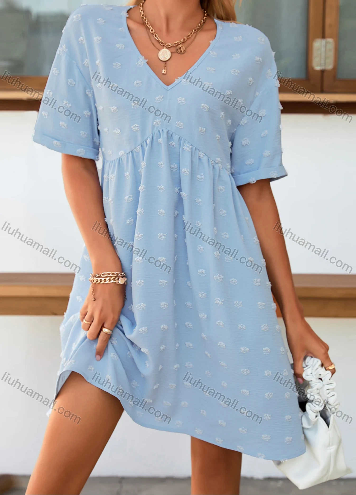 Wholesale Women's Swiss Dot V Neck Short Sleeve Plain High Waist Short Dress LQ-X2674X# - Liuhuamall