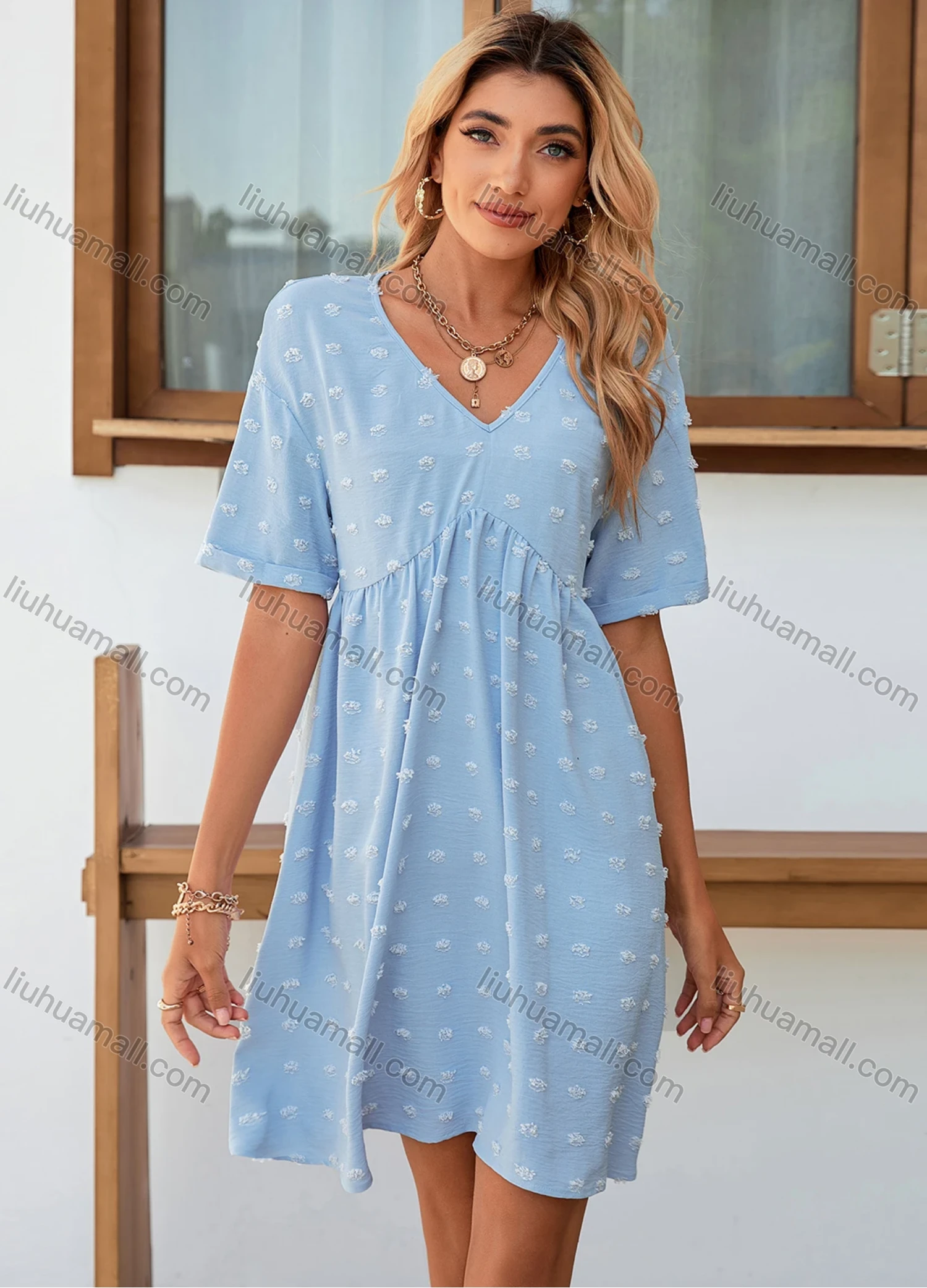 Wholesale Women's Swiss Dot V Neck Short Sleeve Plain High Waist Short Dress LQ-X2674X# - Liuhuamall