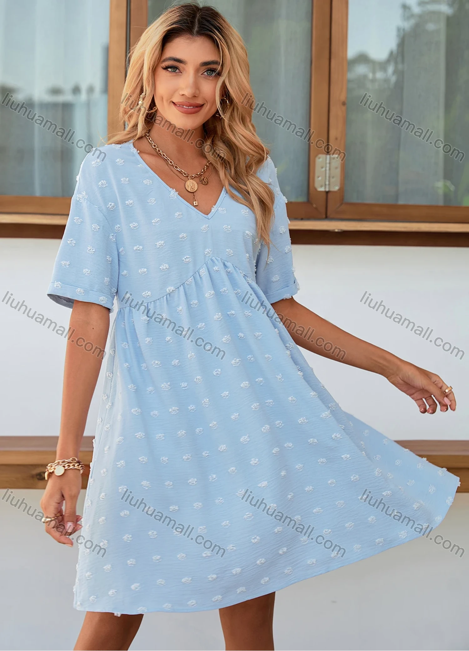 Wholesale Women's Swiss Dot V Neck Short Sleeve Plain High Waist Short Dress LQ-X2674X# - Liuhuamall