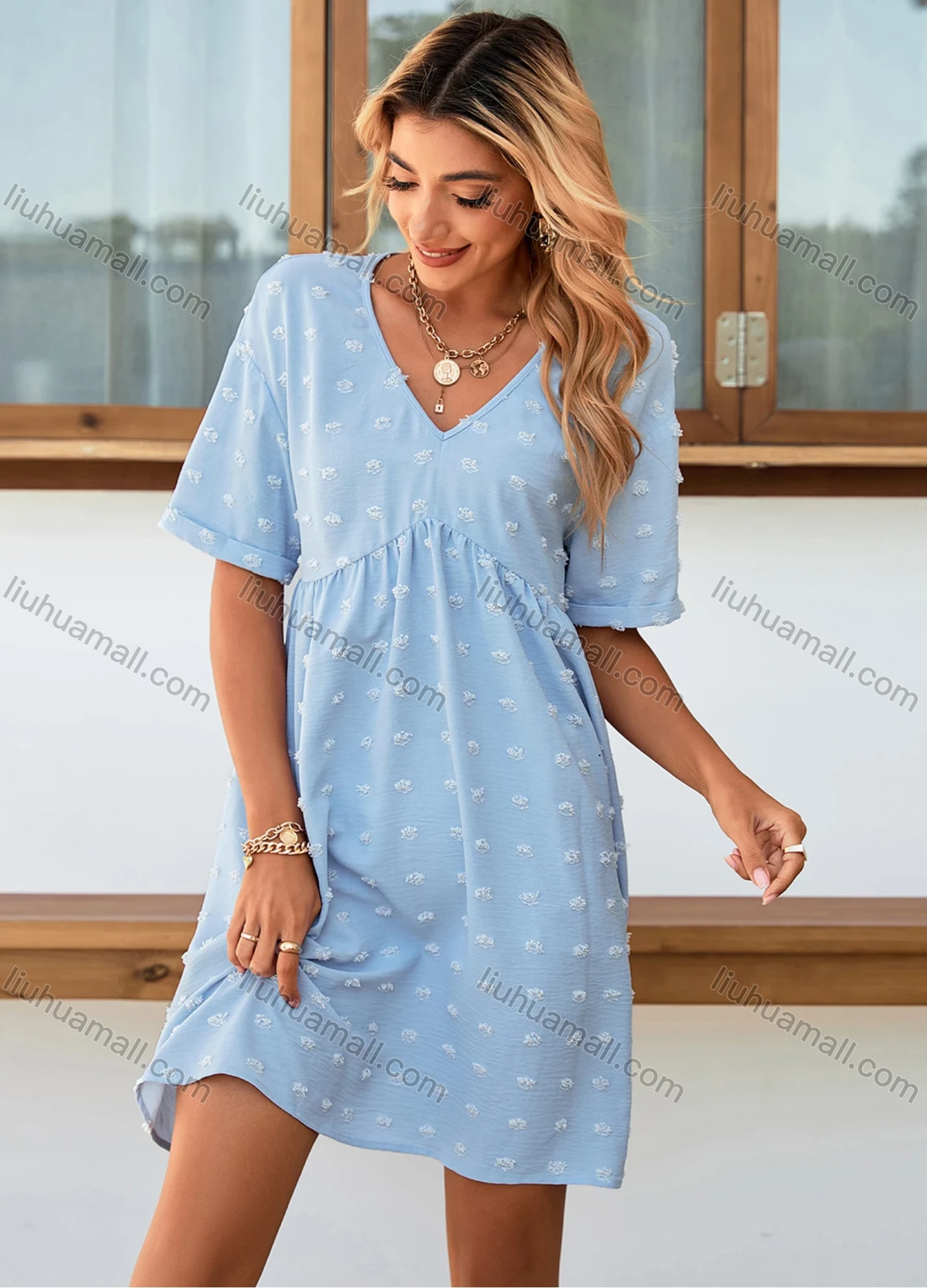 Wholesale Women's Swiss Dot V Neck Short Sleeve Plain High Waist Short Dress LQ-X2674X# - Liuhuamall