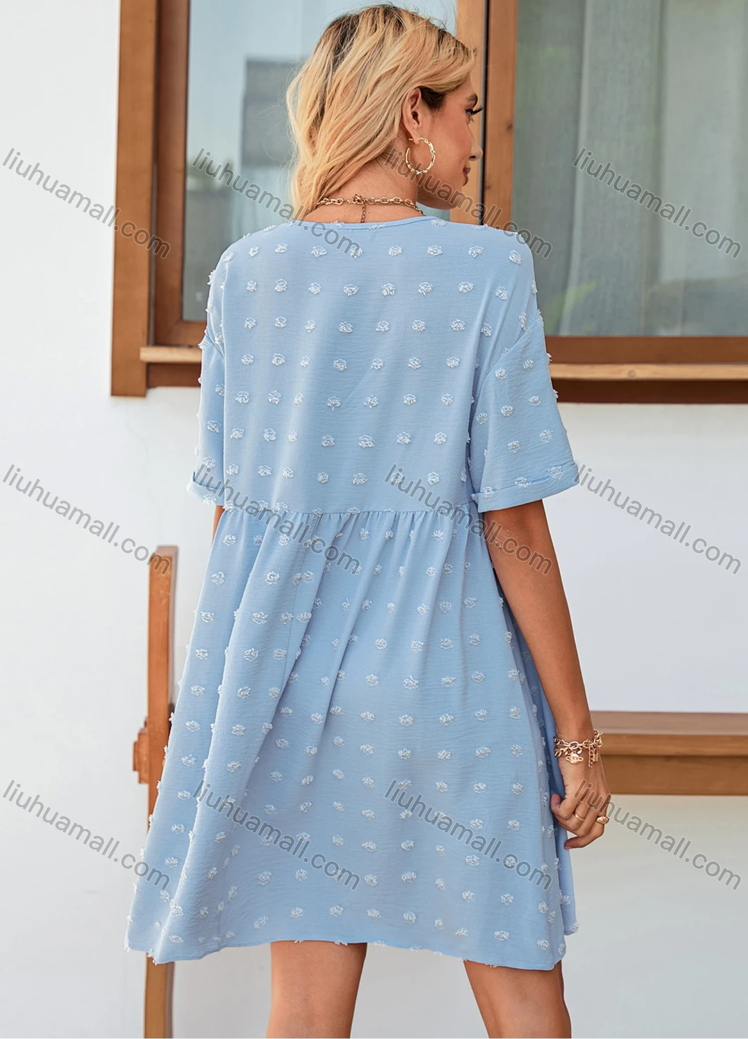 Wholesale Women's Swiss Dot V Neck Short Sleeve Plain High Waist Short Dress LQ-X2674X# - Liuhuamall