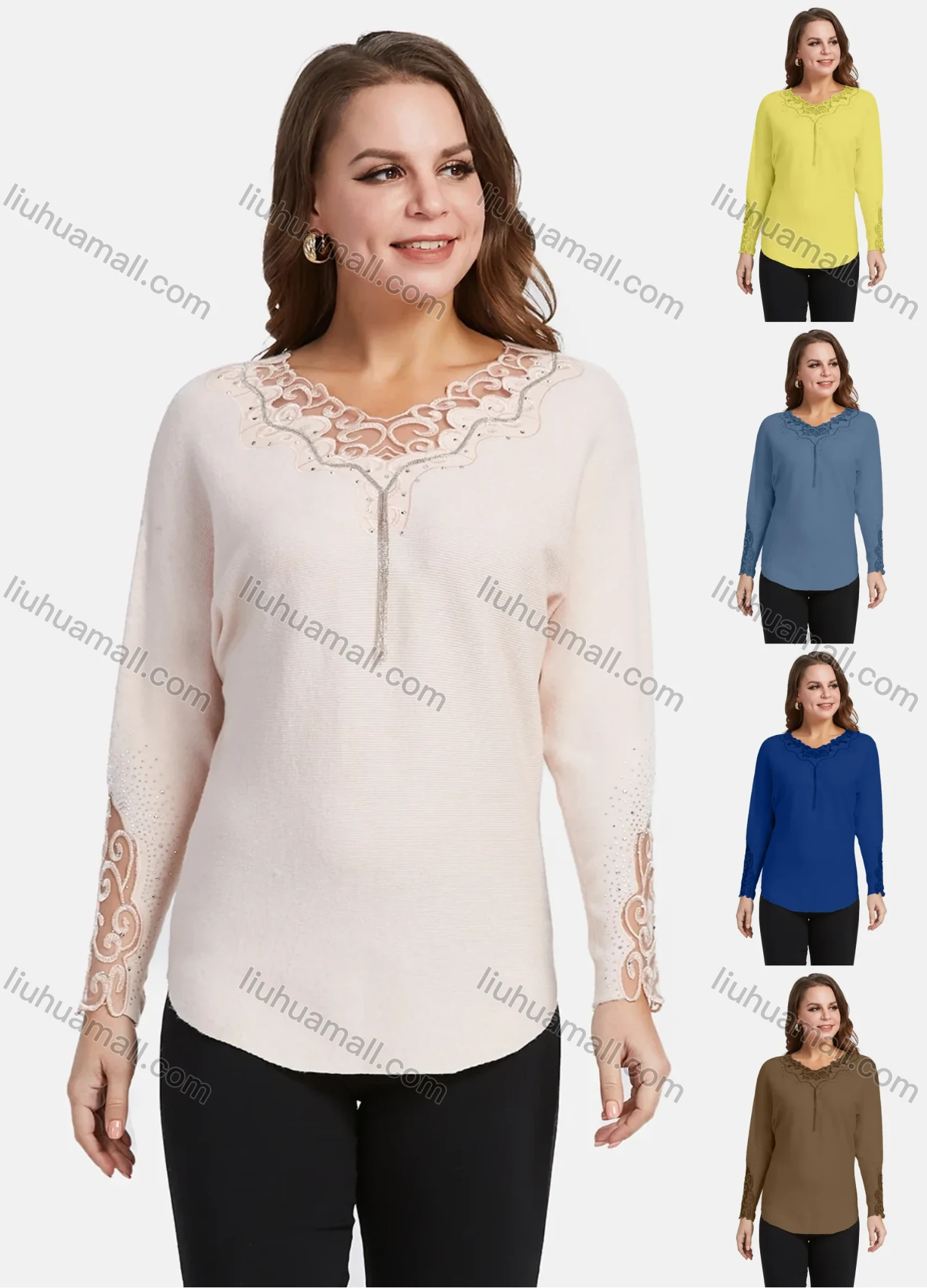 Wholesale Women's Elegant Long Sleeve Lace Embroidery Rhinestone Chain Decor Knit Top - Liuhuamall