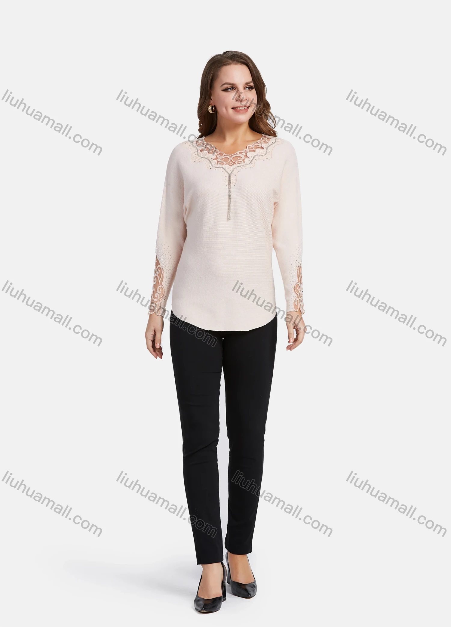 Wholesale Women's Elegant Long Sleeve Lace Embroidery Rhinestone Chain Decor Knit Top - Liuhuamall