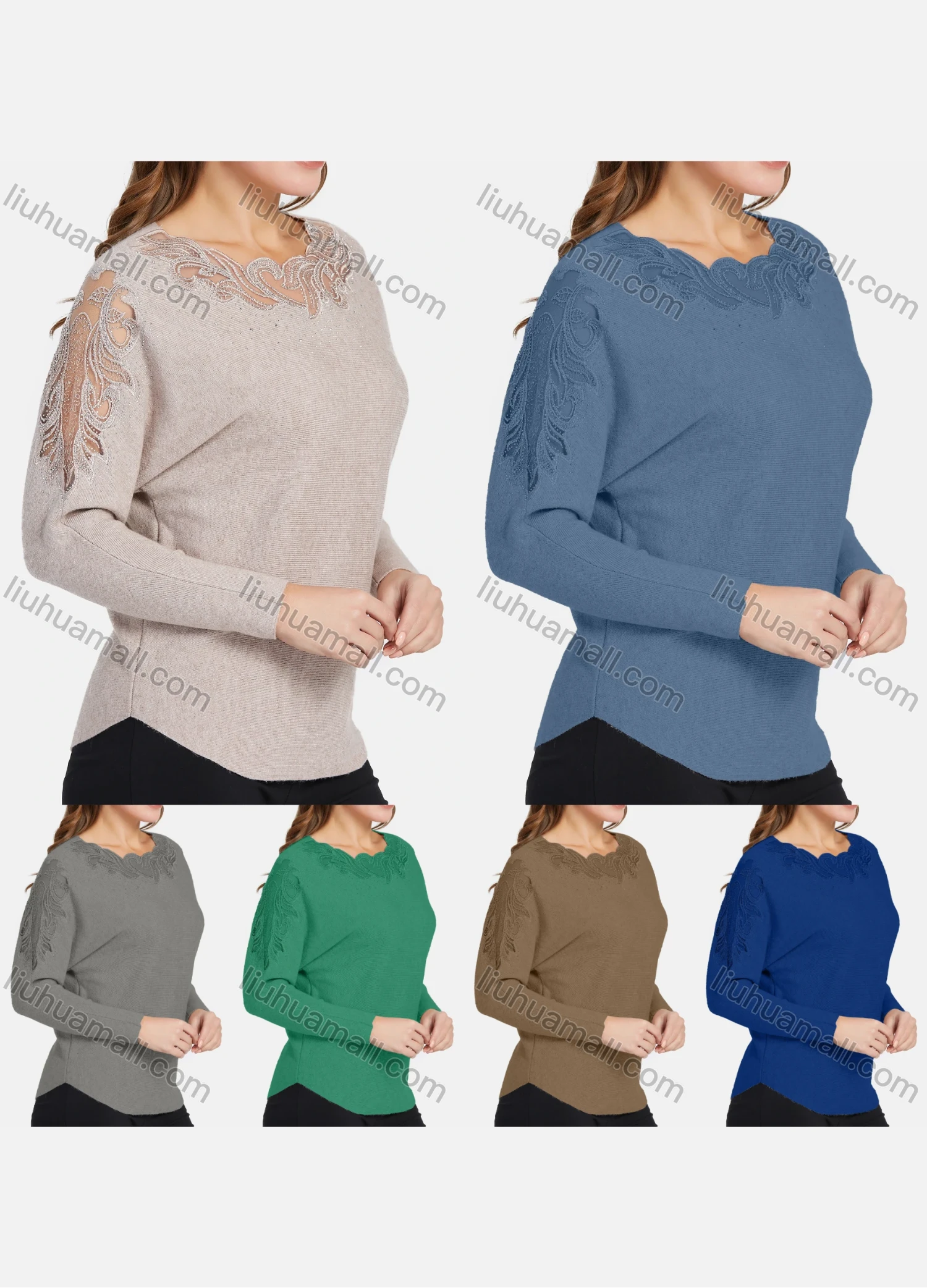 Wholesale Women's Elegant Long Sleeve Shoulder Lace Embroidery Rhinestone Knit Top - Liuhuamall