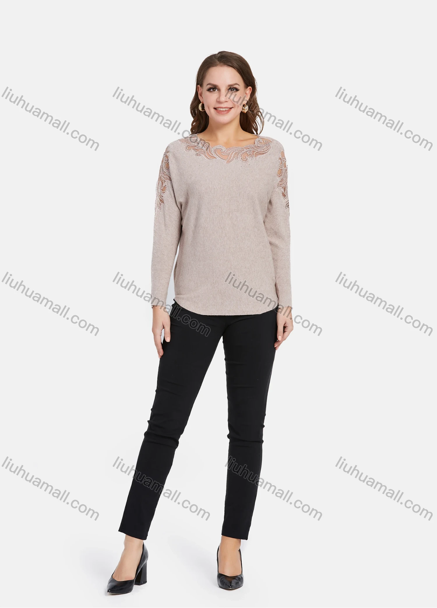 Wholesale Women's Elegant Long Sleeve Shoulder Lace Embroidery Rhinestone Knit Top - Liuhuamall