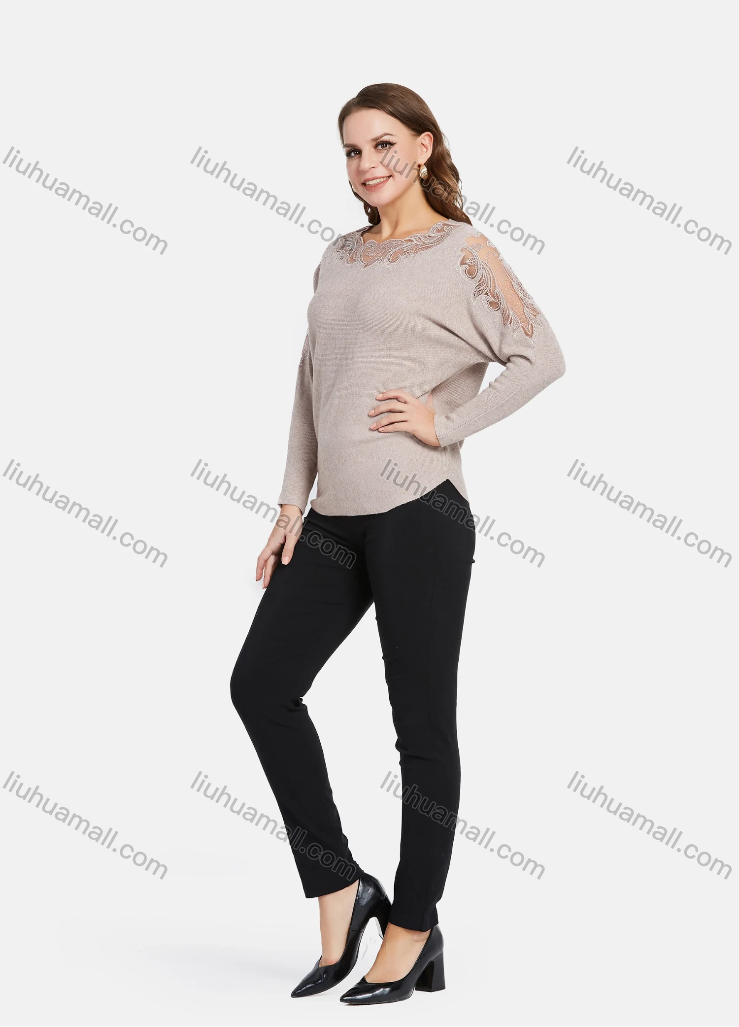 Wholesale Women's Elegant Long Sleeve Shoulder Lace Embroidery Rhinestone Knit Top - Liuhuamall