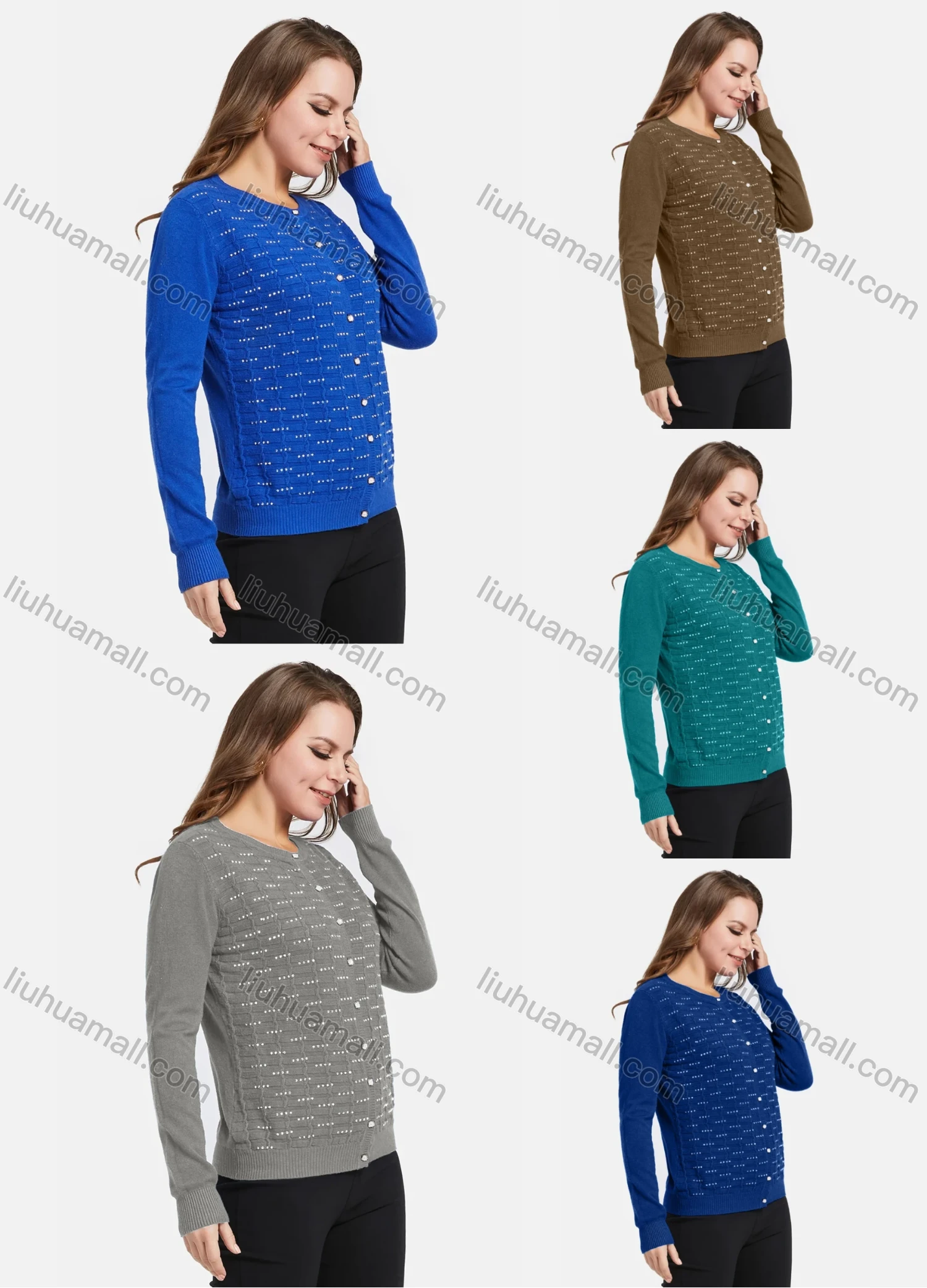 Wholesale Women's Elegant Long Sleeve Rhinestone Button Down Knit Cardigan - Liuhuamall