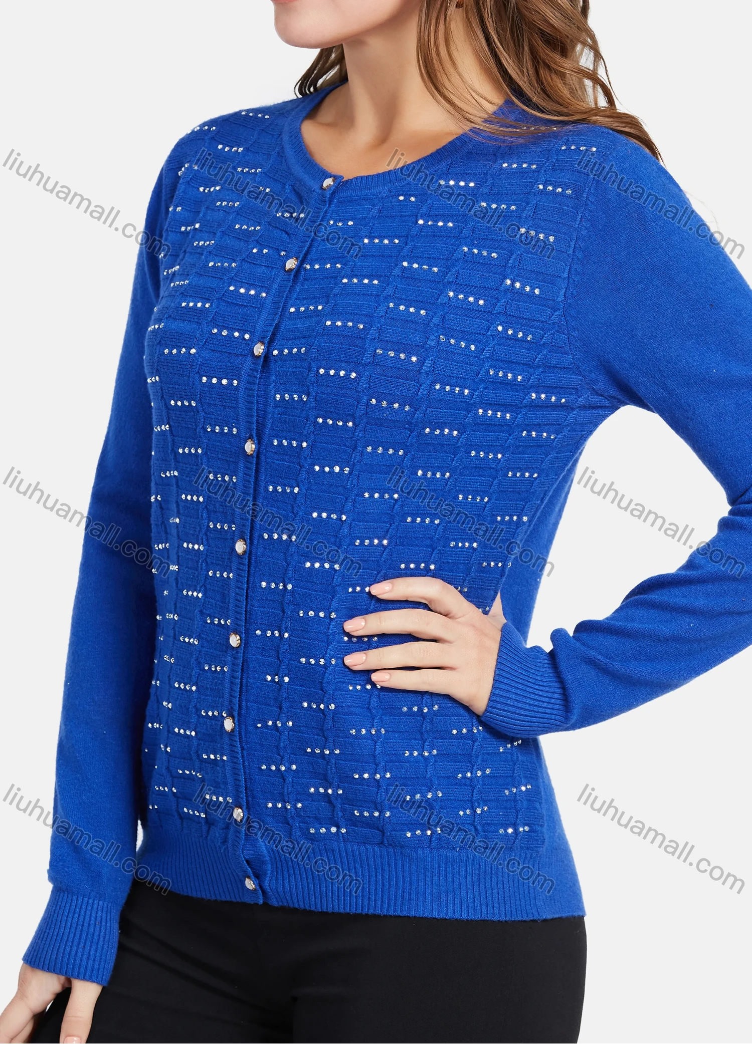 Wholesale Women's Elegant Long Sleeve Rhinestone Button Down Knit Cardigan - Liuhuamall