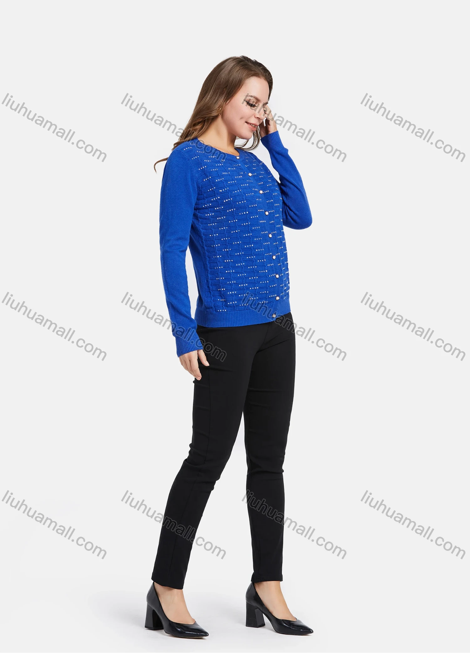 Wholesale Women's Elegant Long Sleeve Rhinestone Button Down Knit Cardigan - Liuhuamall