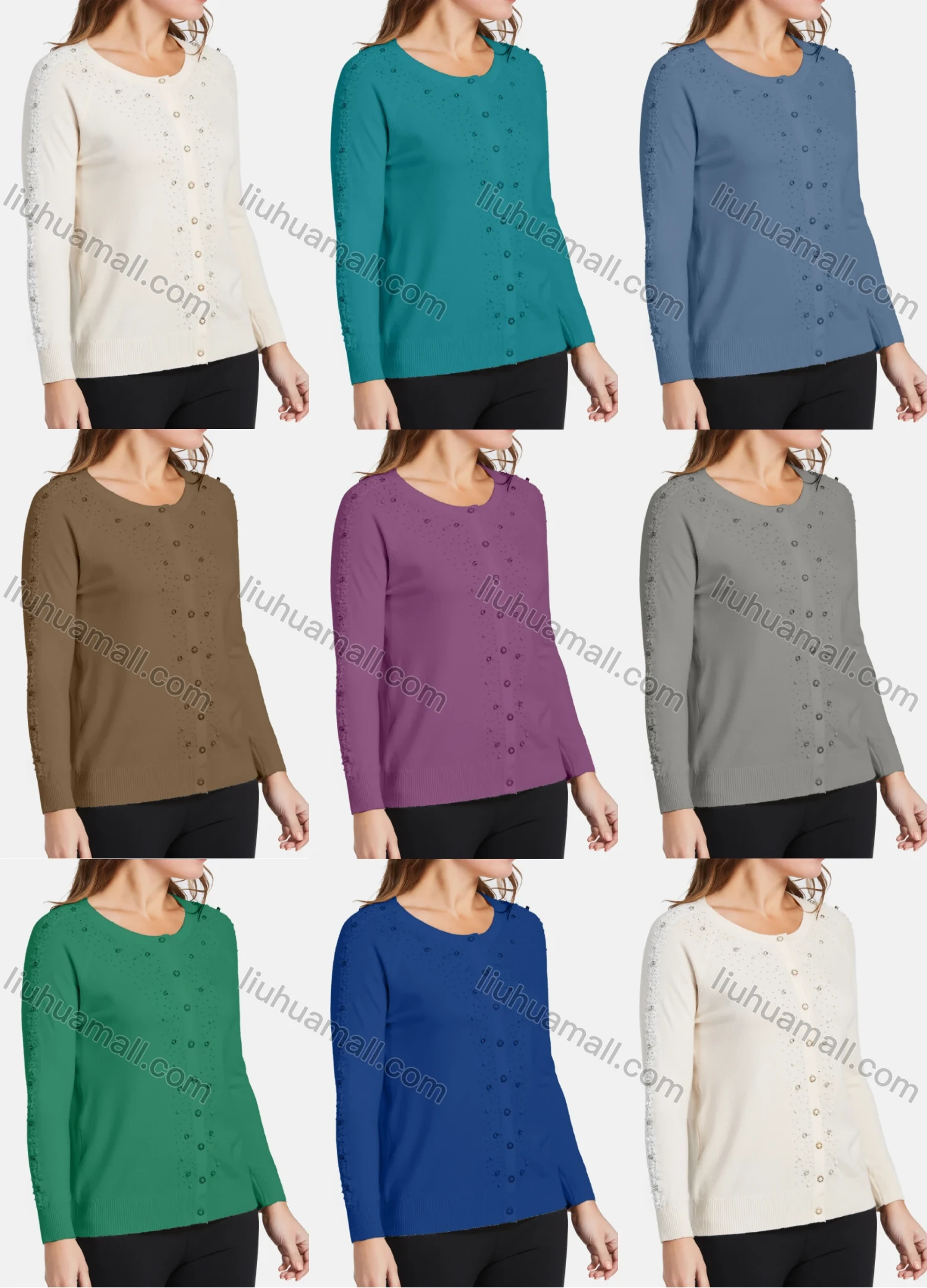 Wholesale Women's Elegant Long Sleeve Lace Trim Rhinestone Pearl Applique Button Down Cardigan - Liuhuamall