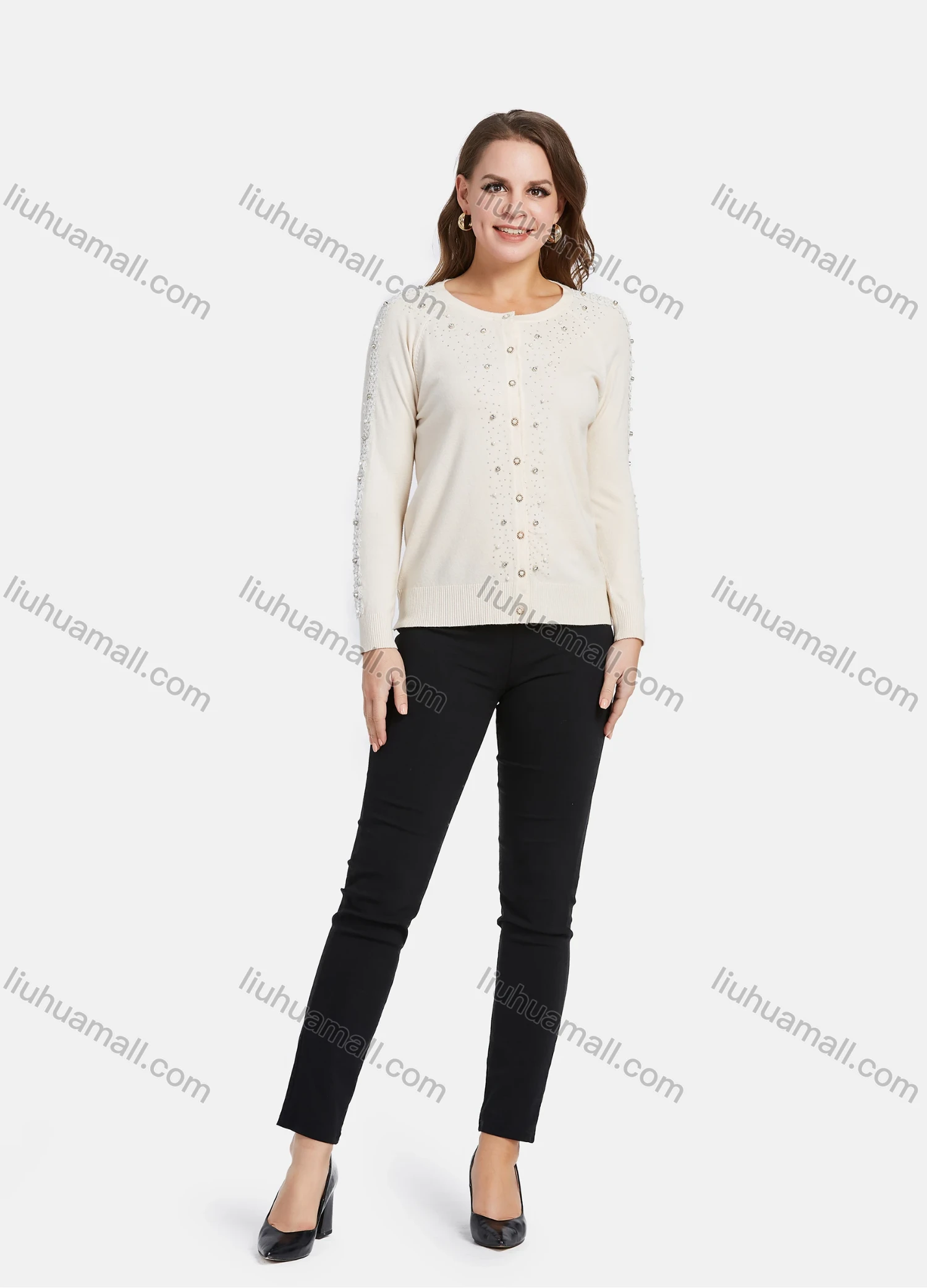 Wholesale Women's Elegant Long Sleeve Lace Trim Rhinestone Pearl Applique Button Down Cardigan - Liuhuamall