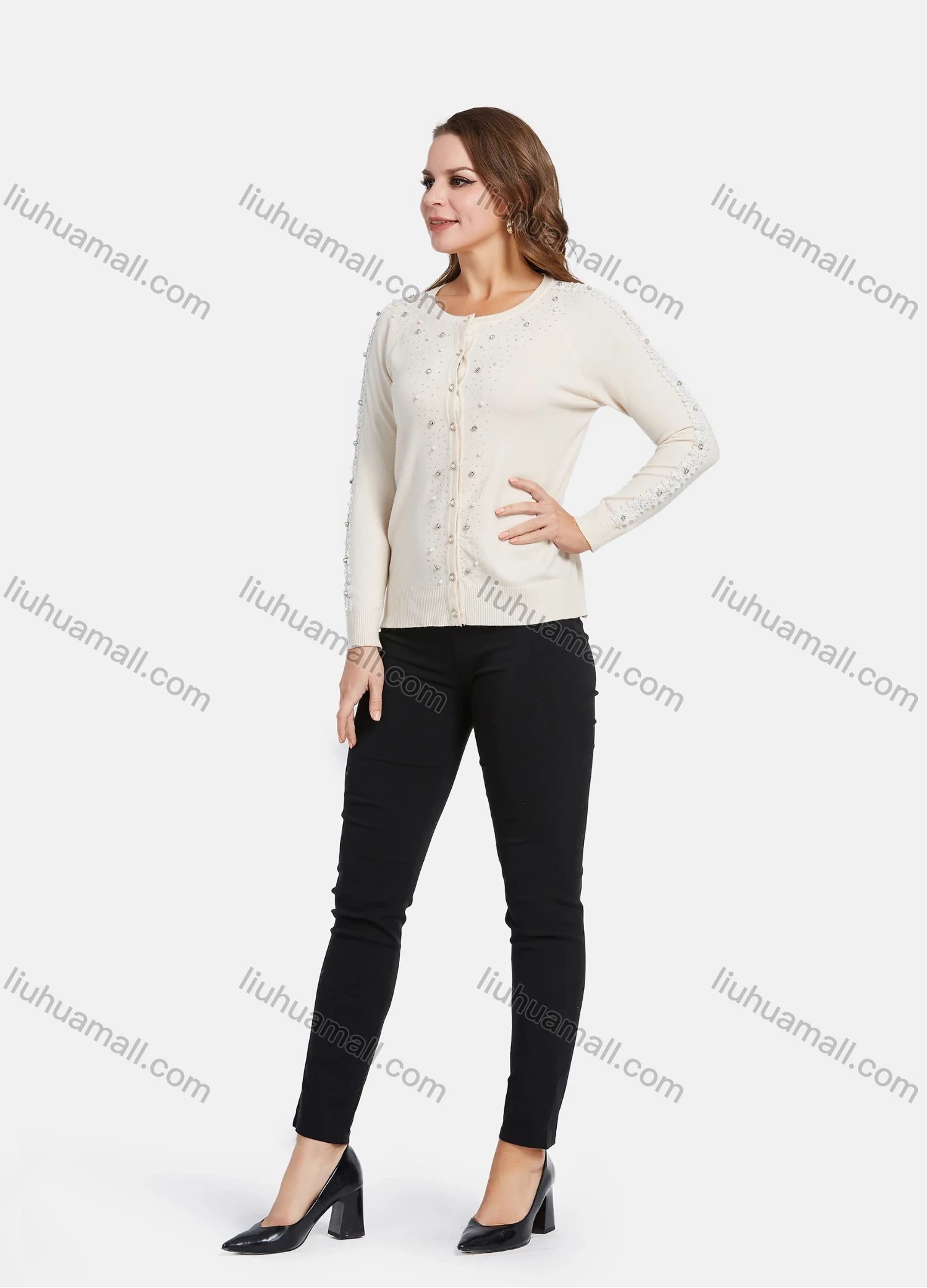 Wholesale Women's Elegant Long Sleeve Lace Trim Rhinestone Pearl Applique Button Down Cardigan - Liuhuamall
