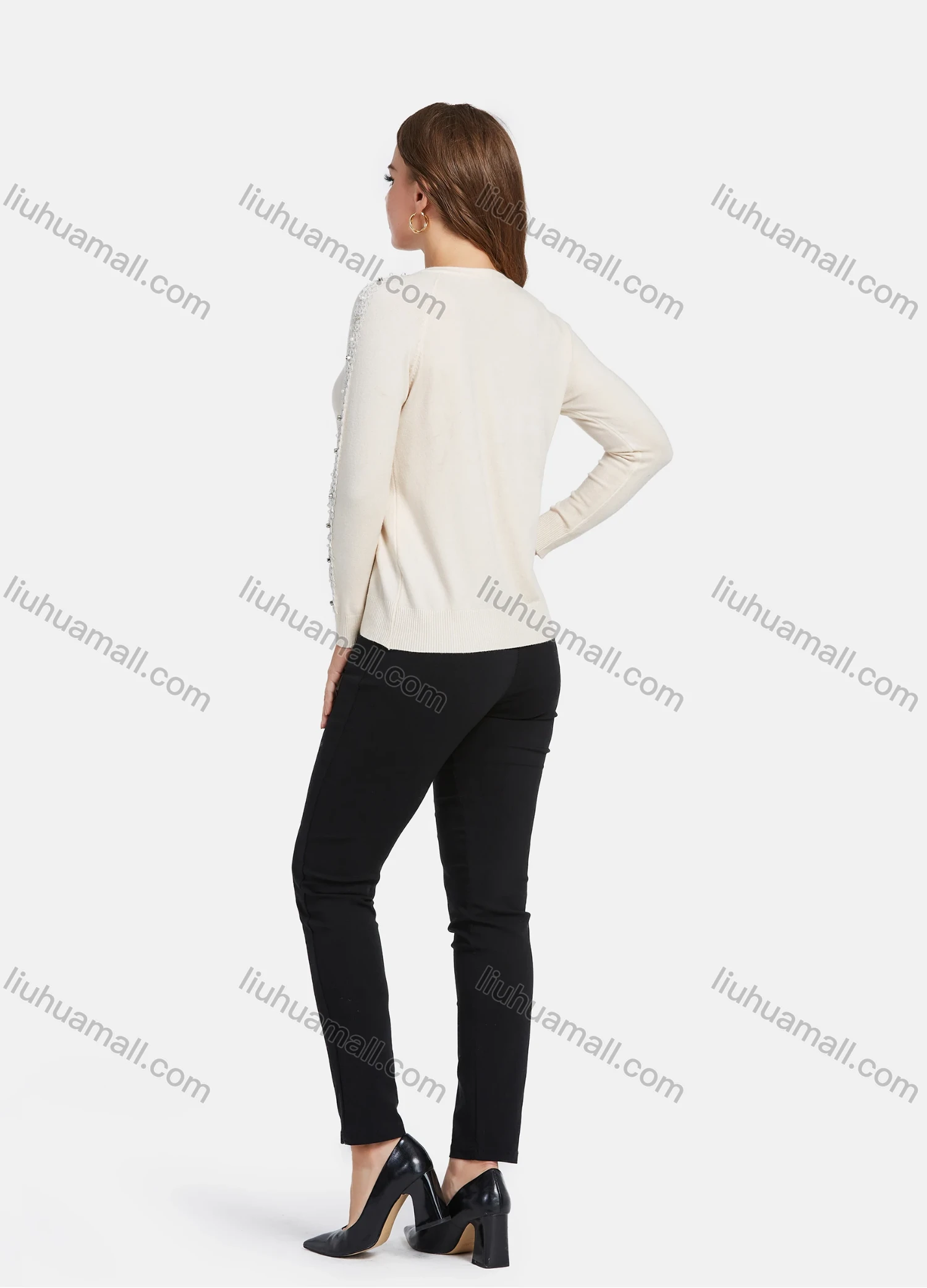 Wholesale Women's Elegant Long Sleeve Lace Trim Rhinestone Pearl Applique Button Down Cardigan - Liuhuamall