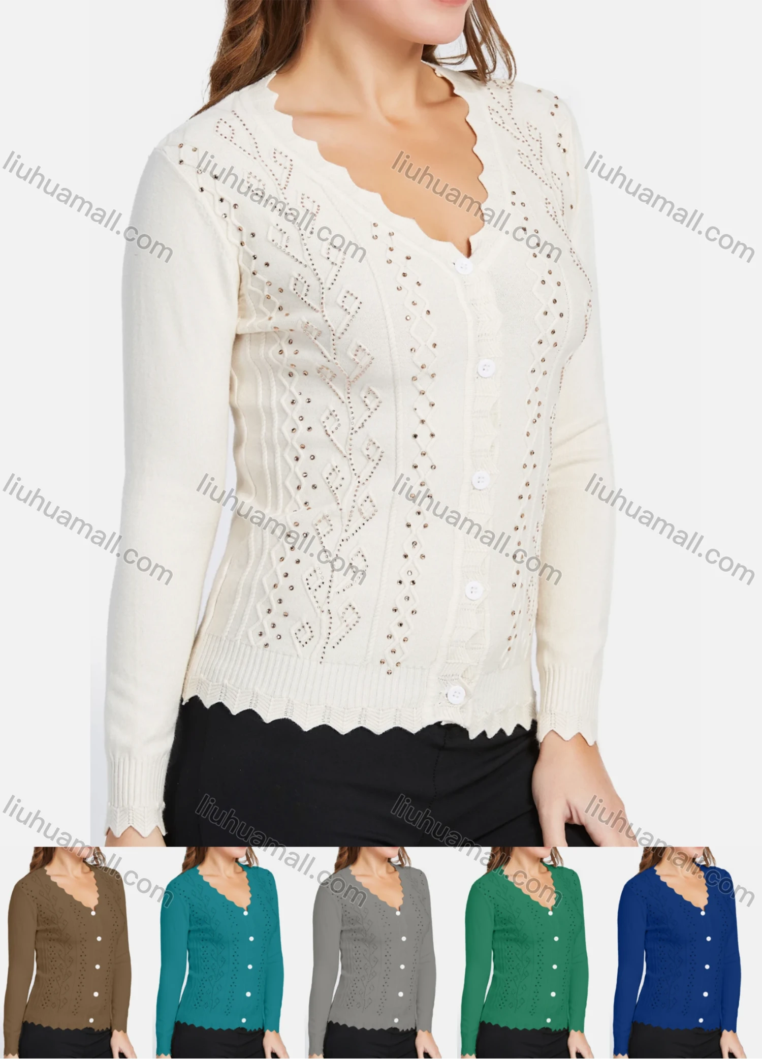 Wholesale Women's Elegant Long Sleeve Wave Trim Rhinestone Geometric Texture Button Down Cardigan - Liuhuamall