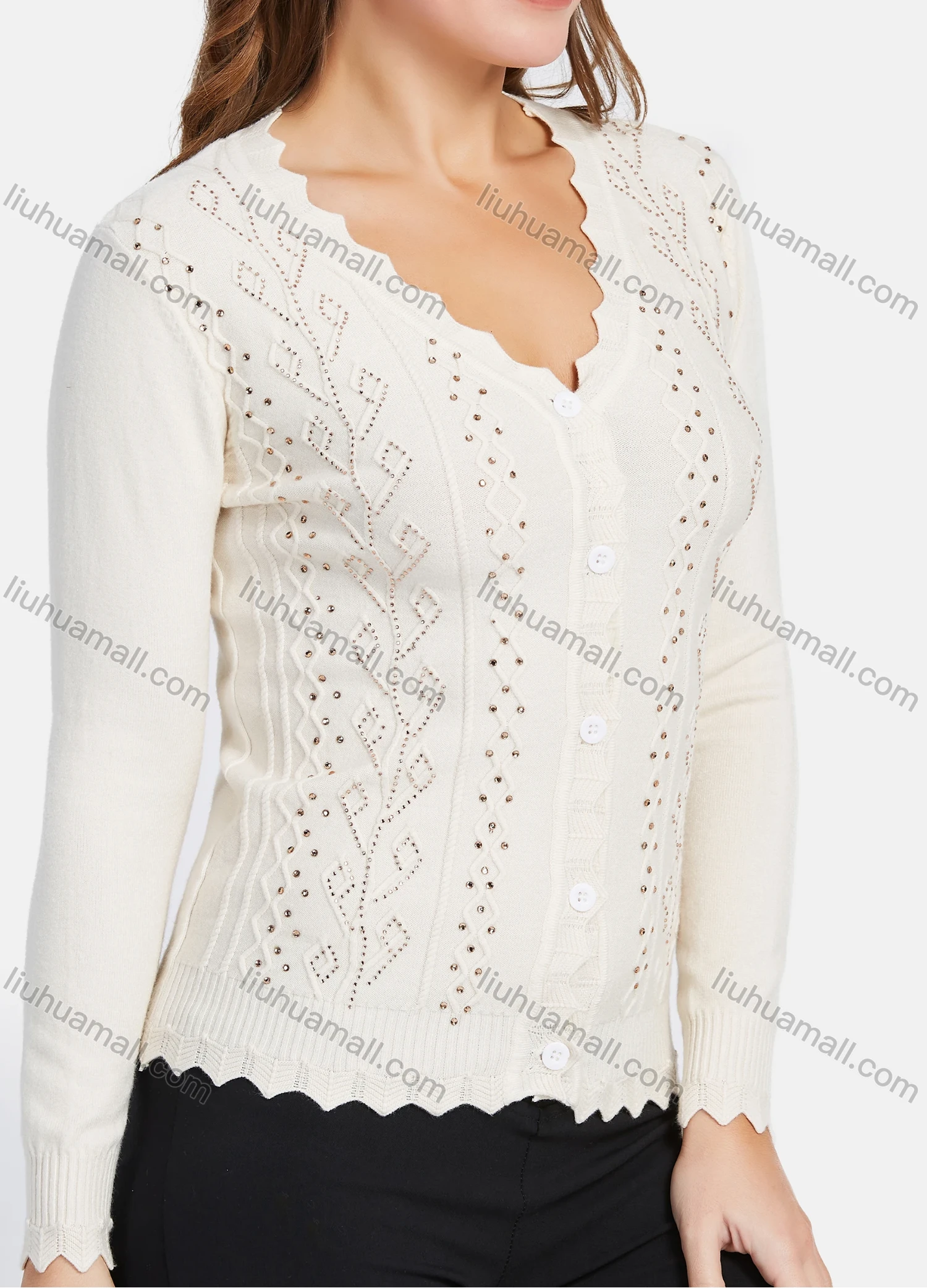 Wholesale Women's Elegant Long Sleeve Wave Trim Rhinestone Geometric Texture Button Down Cardigan - Liuhuamall