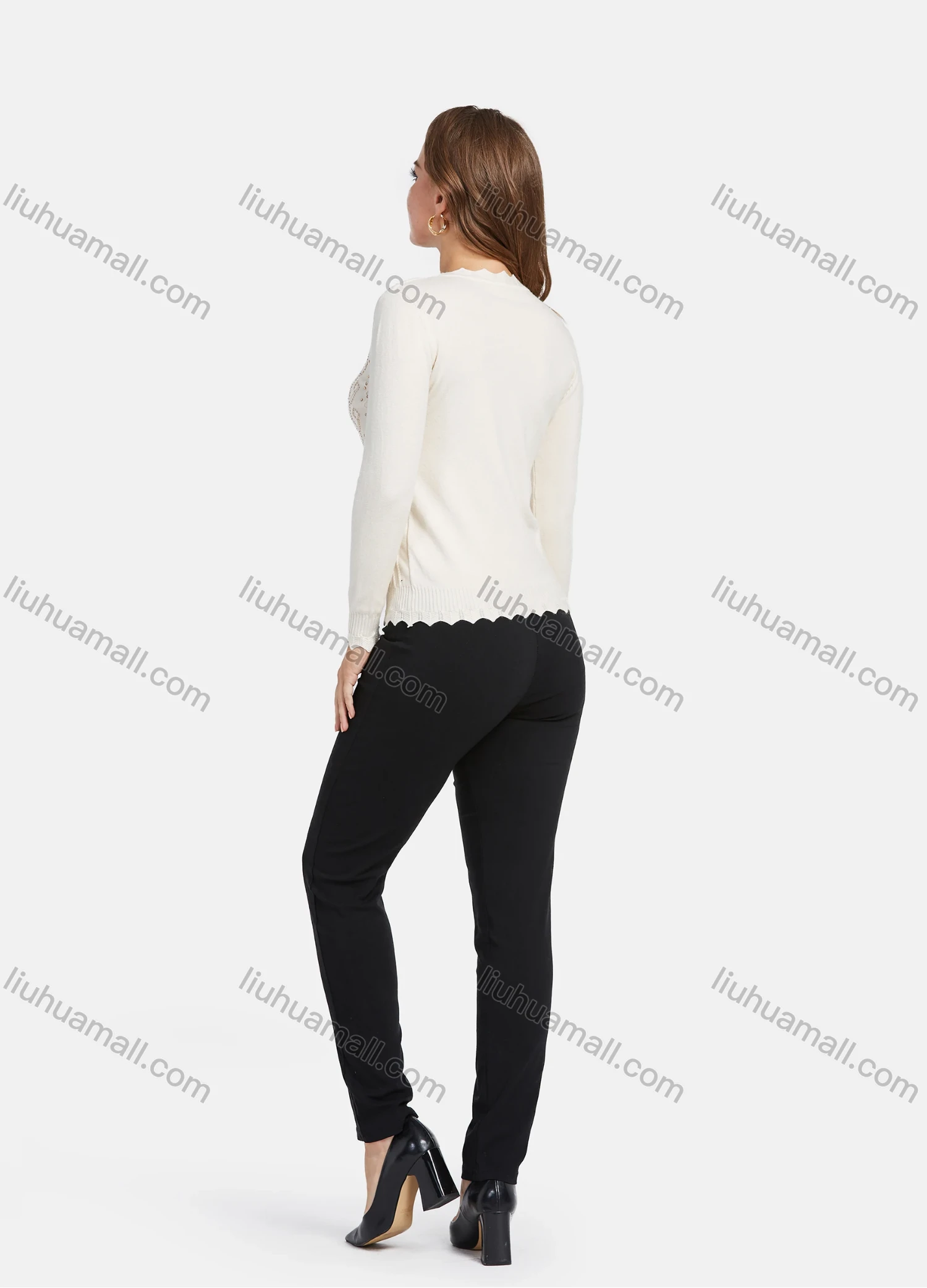 Wholesale Women's Elegant Long Sleeve Wave Trim Rhinestone Geometric Texture Button Down Cardigan - Liuhuamall