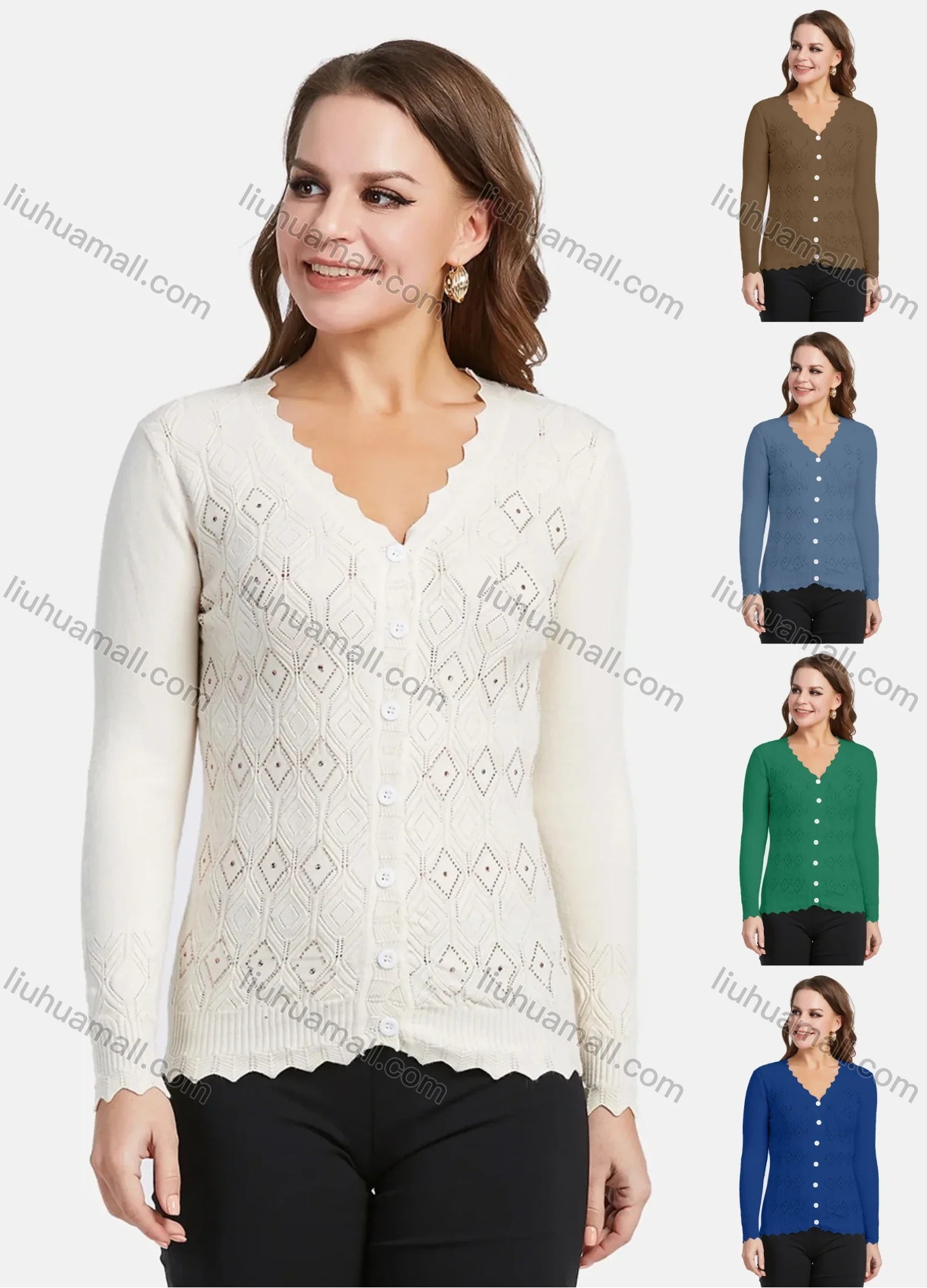 Wholesale Women's Elegant V Neck Wave Trim Rhinestone Rhombus Texture Button Down Cardigan - Liuhuamall