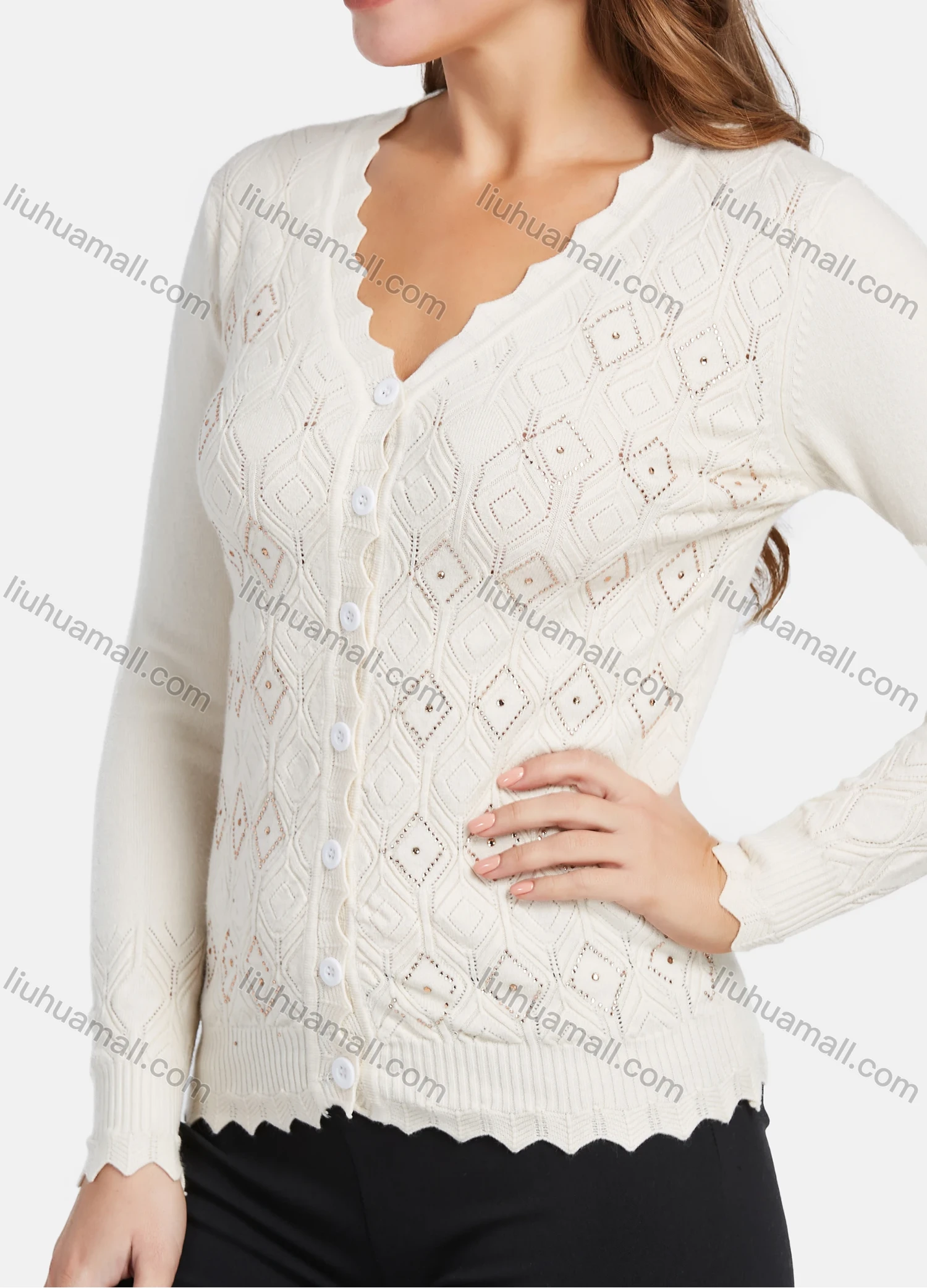 Wholesale Women's Elegant V Neck Wave Trim Rhinestone Rhombus Texture Button Down Cardigan - Liuhuamall