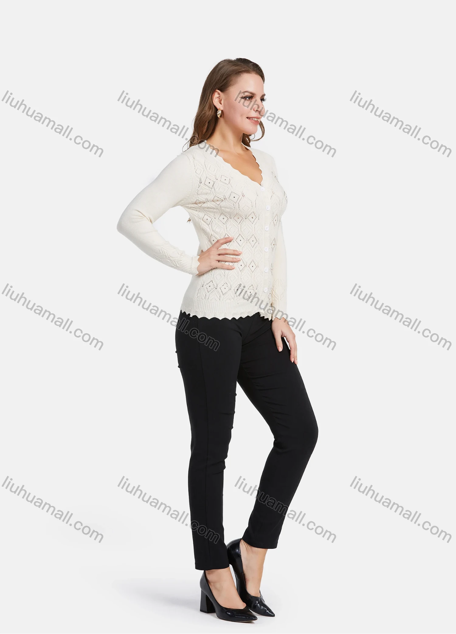 Wholesale Women's Elegant V Neck Wave Trim Rhinestone Rhombus Texture Button Down Cardigan - Liuhuamall