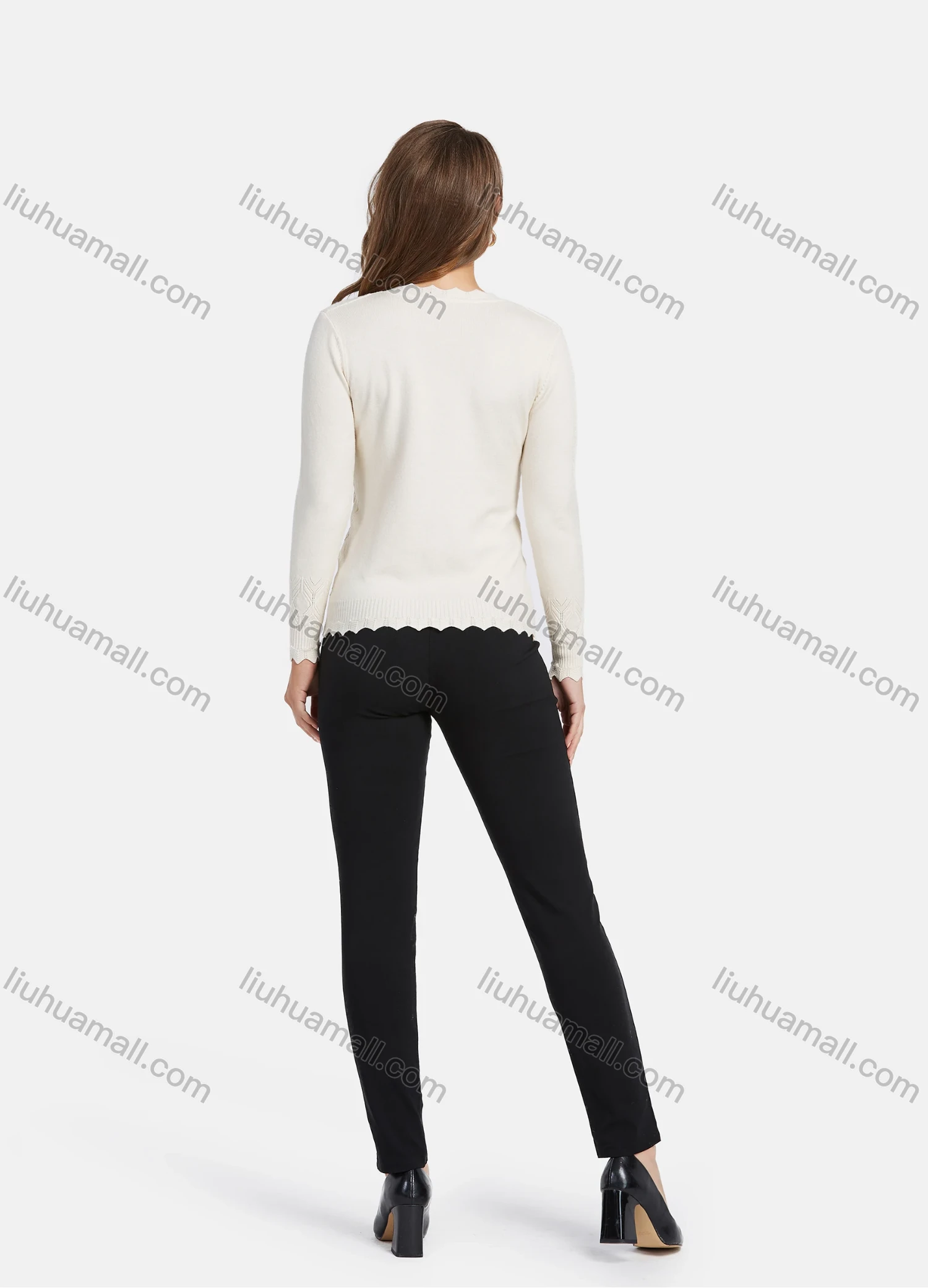 Wholesale Women's Elegant V Neck Wave Trim Rhinestone Rhombus Texture Button Down Cardigan - Liuhuamall