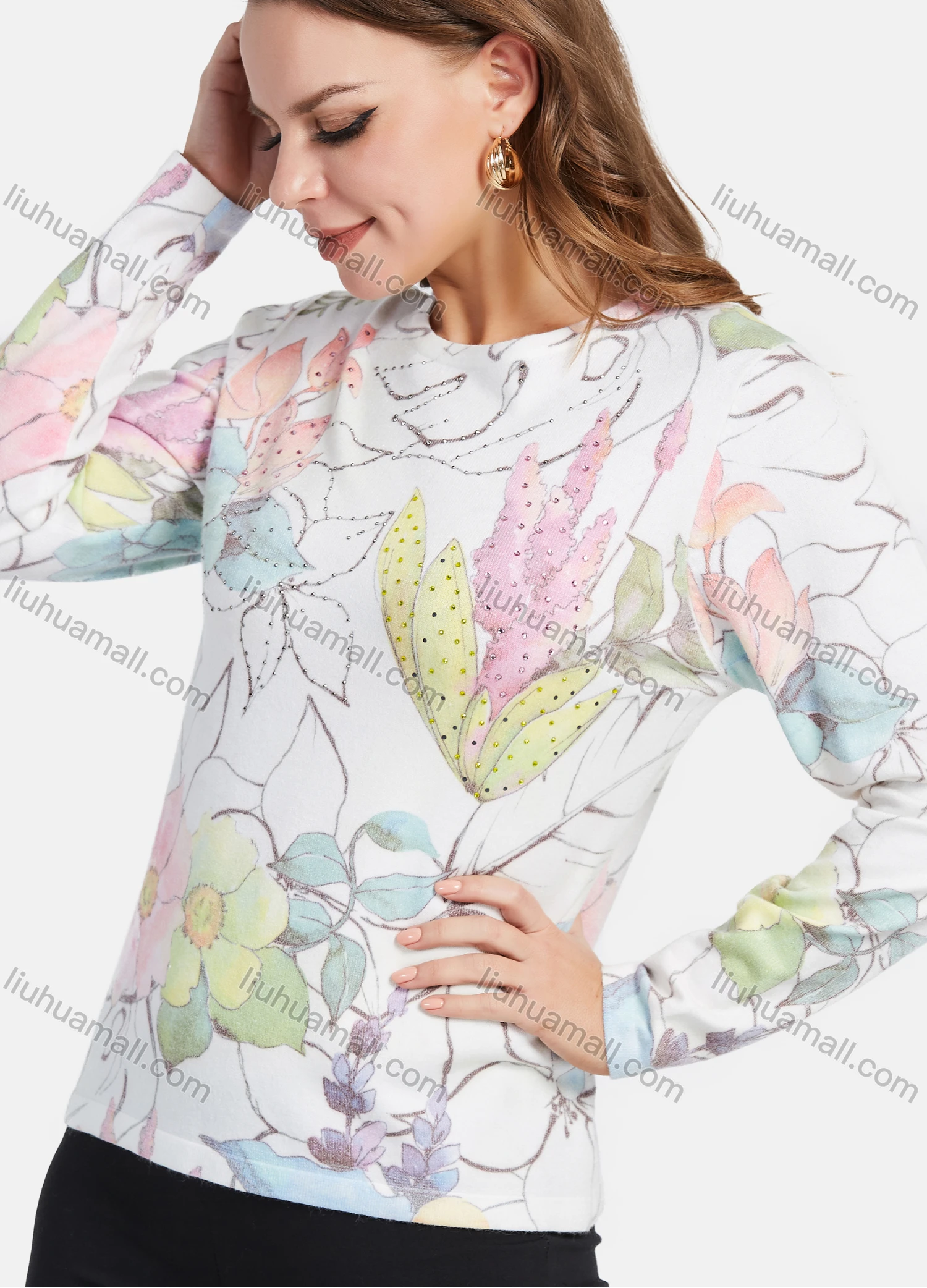Wholesale Women's Elegant Round Neck Long Sleeve Rhinestone Floral Print Knit Top - Liuhuamall