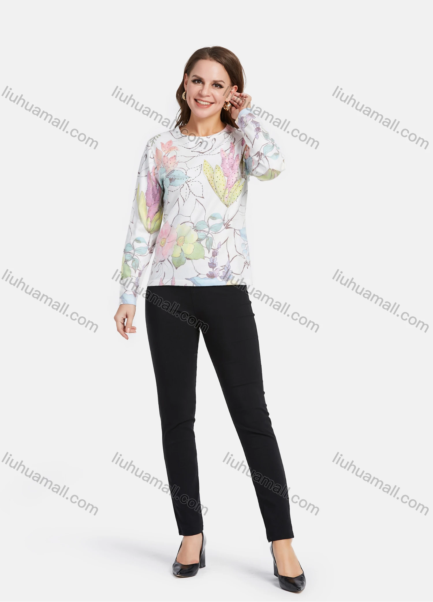 Wholesale Women's Elegant Round Neck Long Sleeve Rhinestone Floral Print Knit Top - Liuhuamall