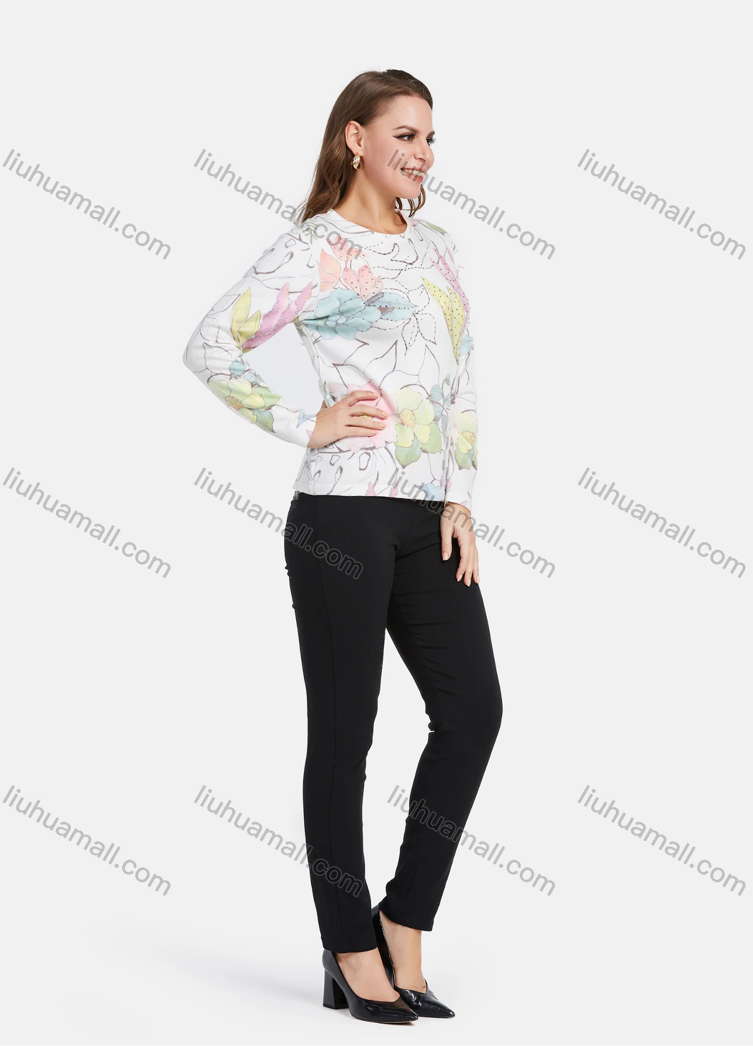 Wholesale Women's Elegant Round Neck Long Sleeve Rhinestone Floral Print Knit Top - Liuhuamall