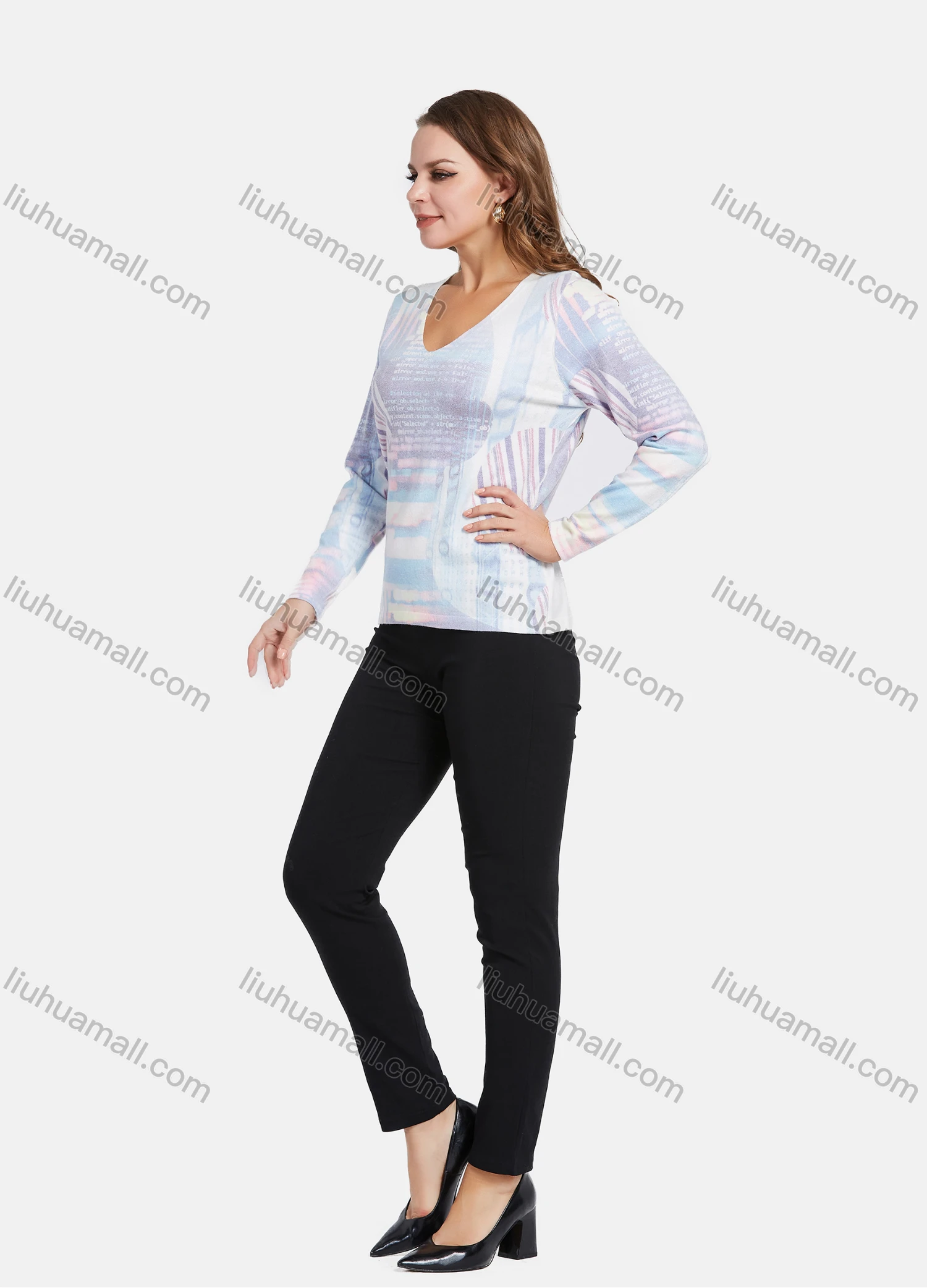 Wholesale Women's Casual V Neck Long Sleeve Abstract Print Knit Top - Liuhuamall