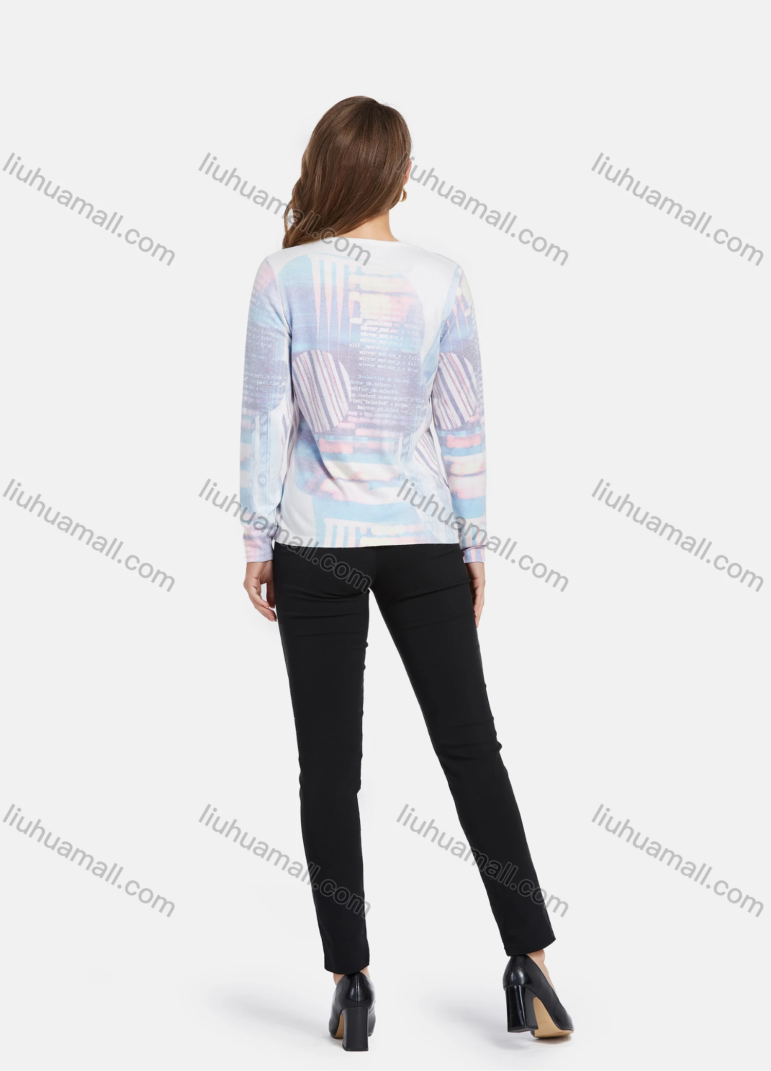 Wholesale Women's Casual V Neck Long Sleeve Abstract Print Knit Top - Liuhuamall